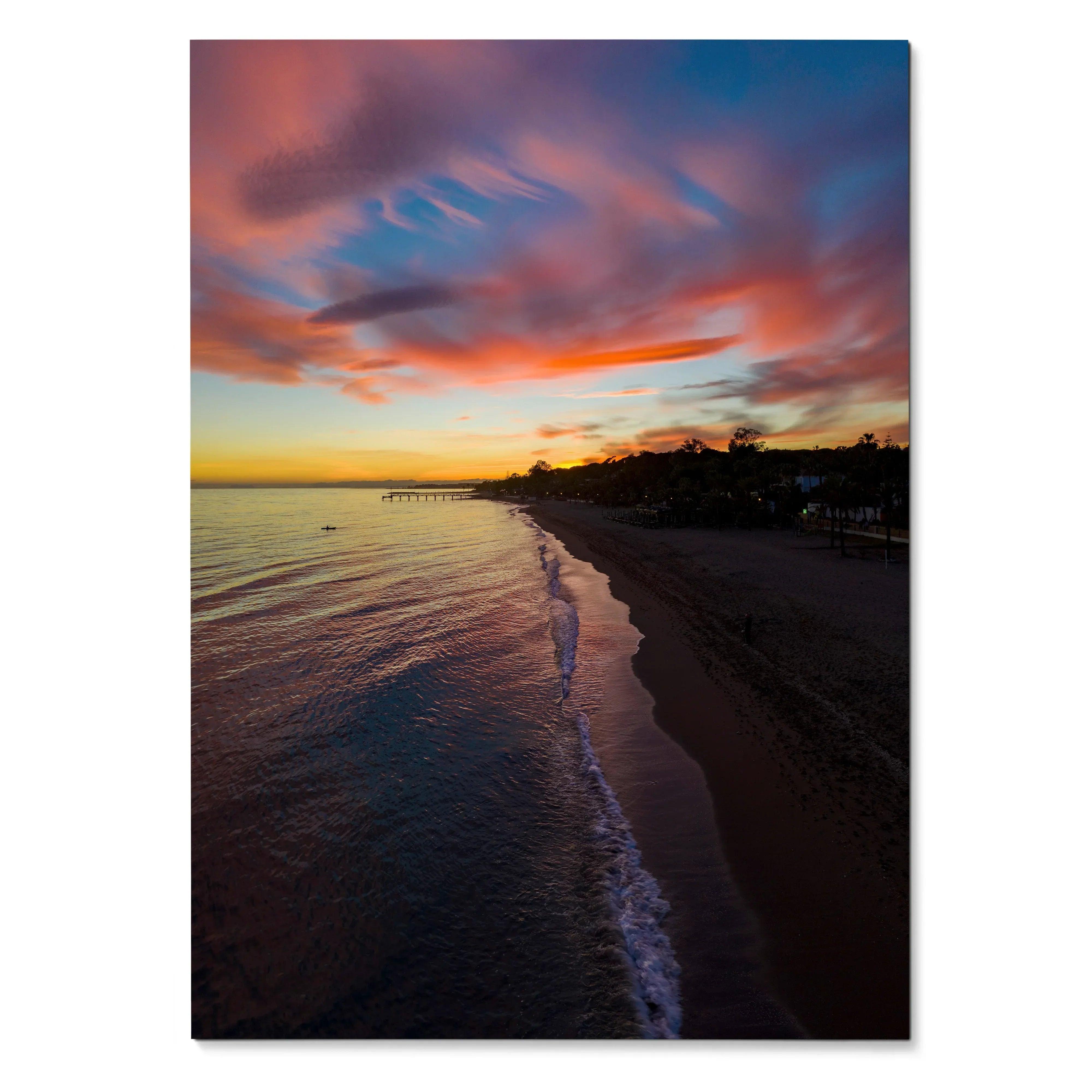 Vibrant beach sunset poster featuring colorful sky and calm ocean waves vertical wall art decor.