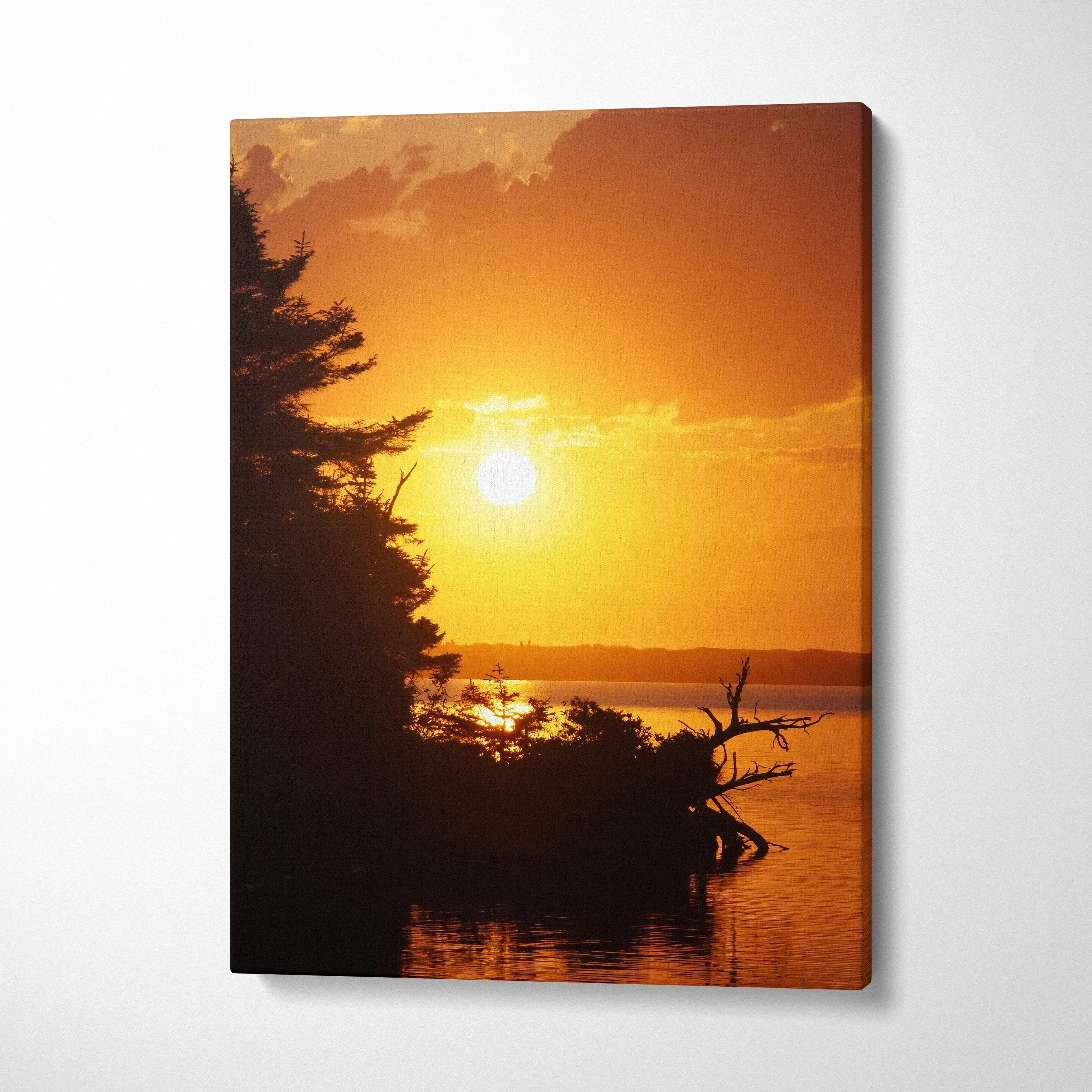 Canvas wall art featuring a vibrant beach sunset with silhouetted trees and calm water reflections.