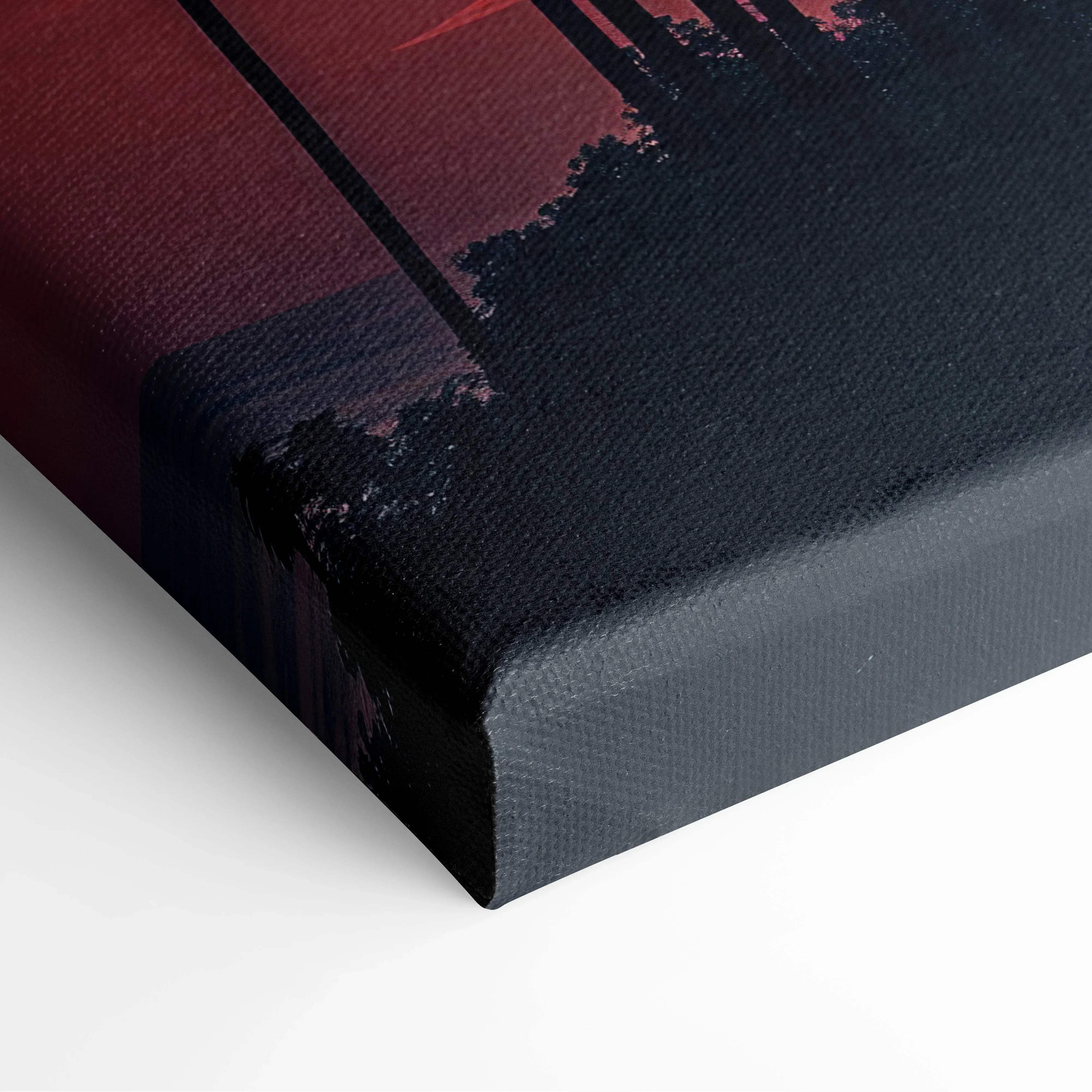 Tropical sunset palm tree silhouette canvas wall art featuring dark forest silhouettes against a deep red sky