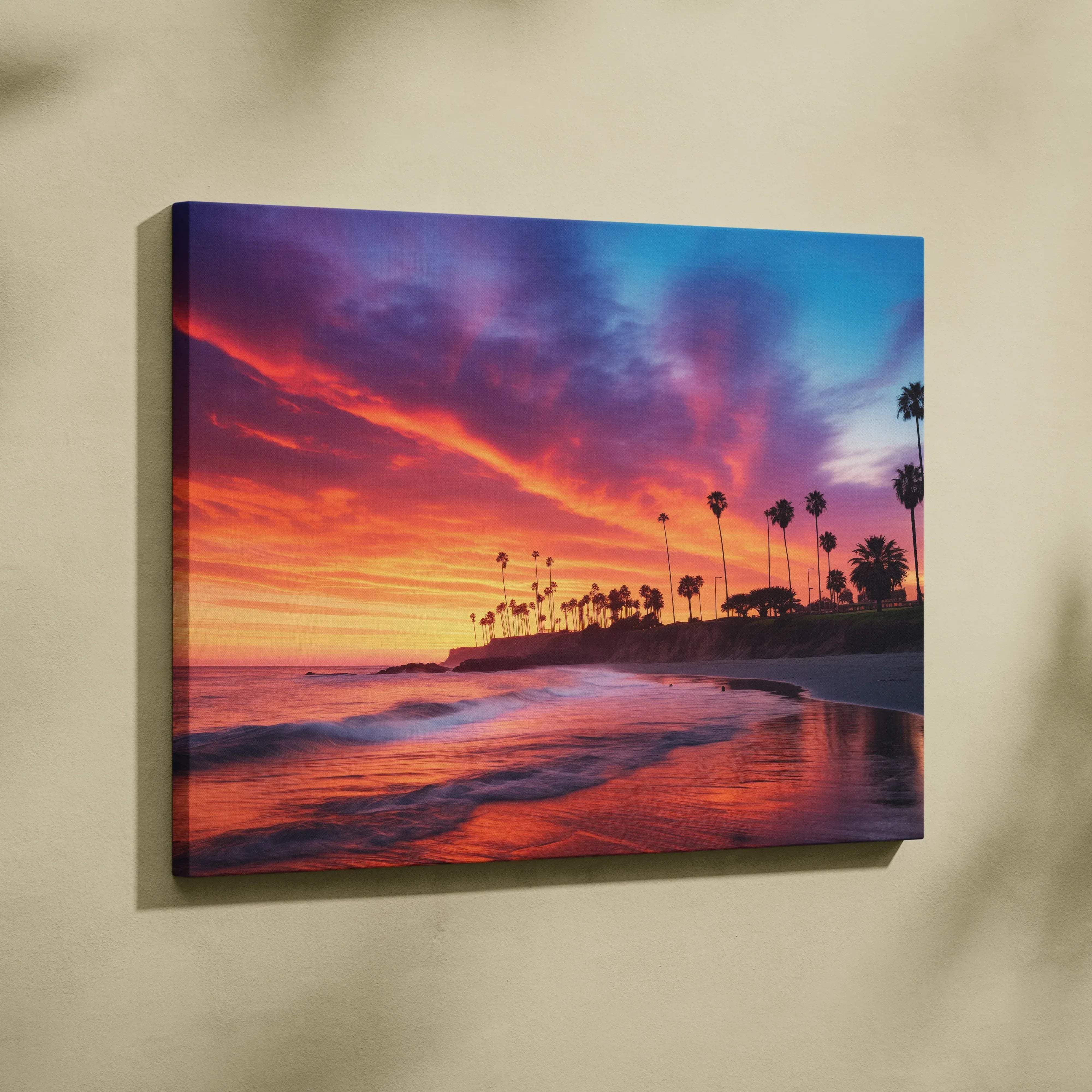 Tropical sunset silhouette palm trees canvas wall art featuring vibrant orange pink and purple clouds over coastal beach