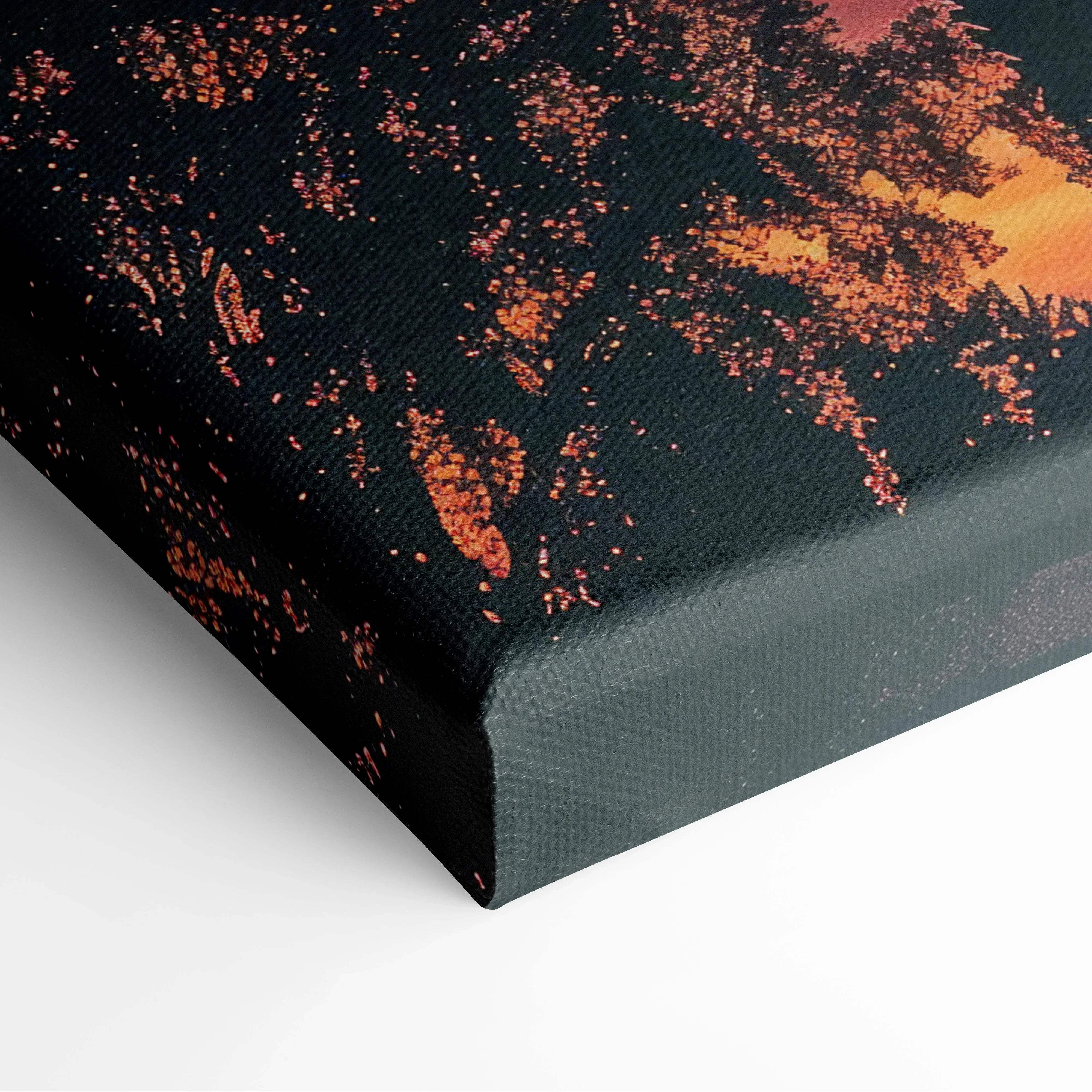 Black canvas print with textured abstract design featuring orange and rust splashes for tropical sunset decor