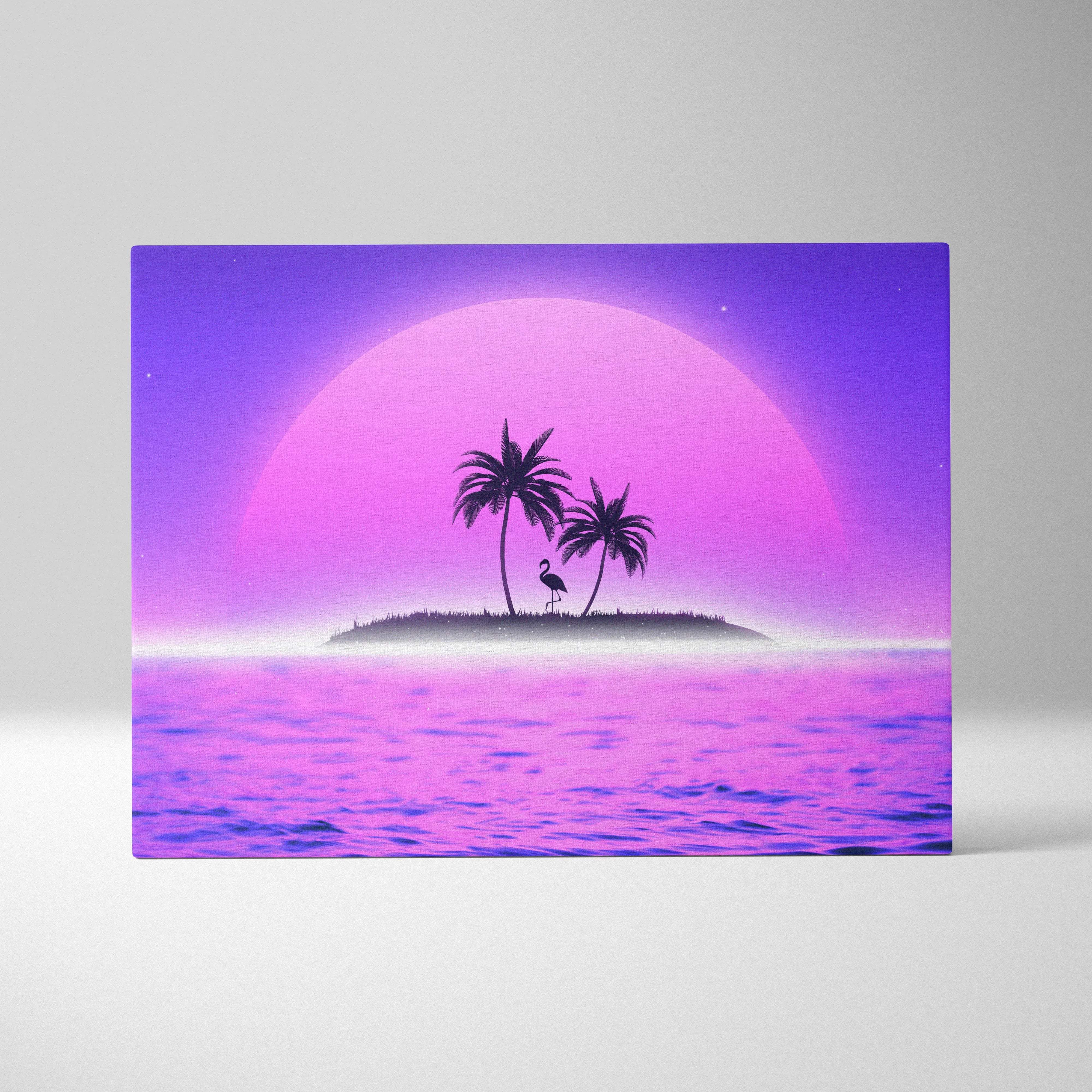 Retrowave tropical island flamingo palm trees neon purple pink sunset canvas