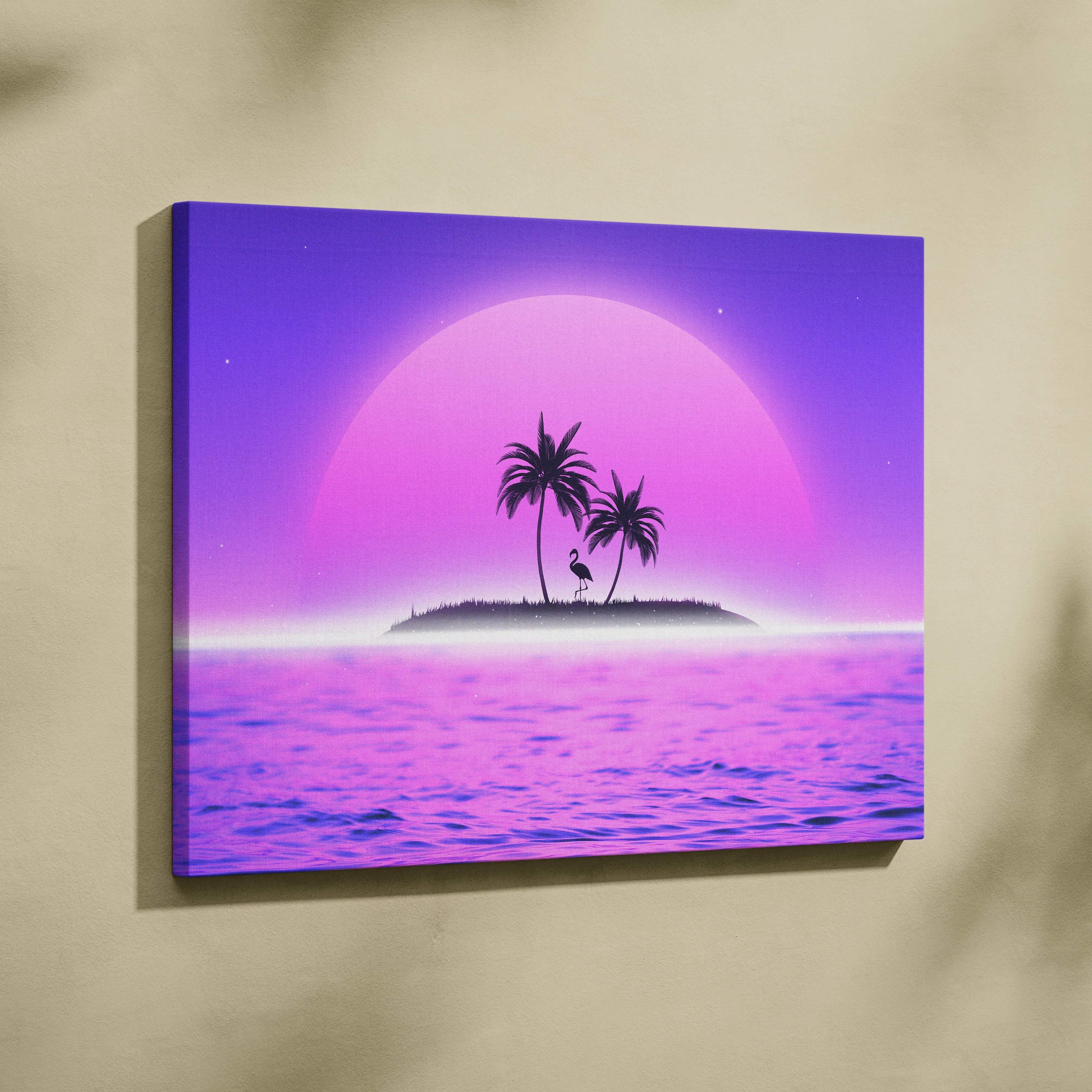 Retrowave tropical island flamingo palm trees neon sunset purple pink canvas art