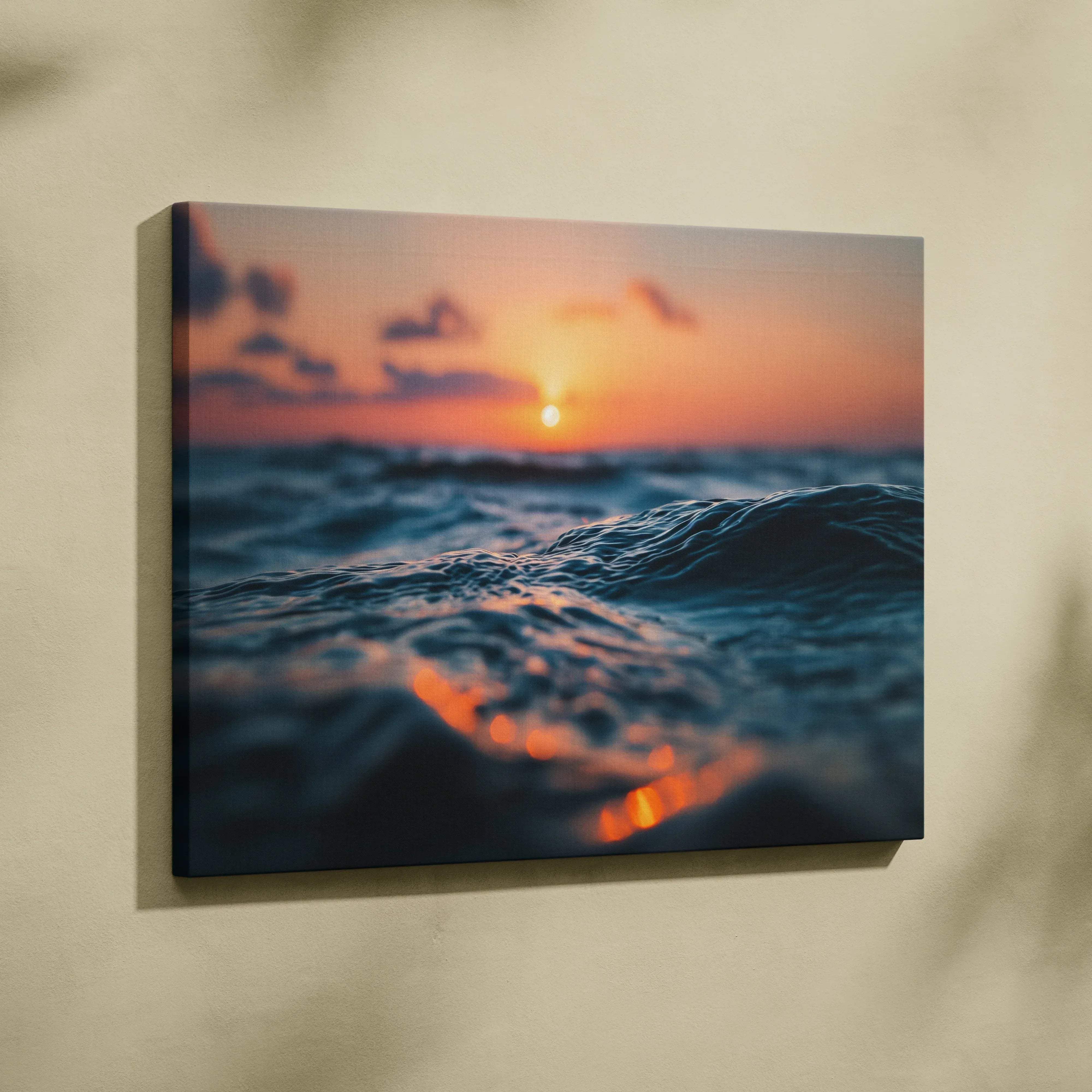 Rectangular canvas print of a golden sunset ocean scene with warm orange and blue hues for calming coastal decor