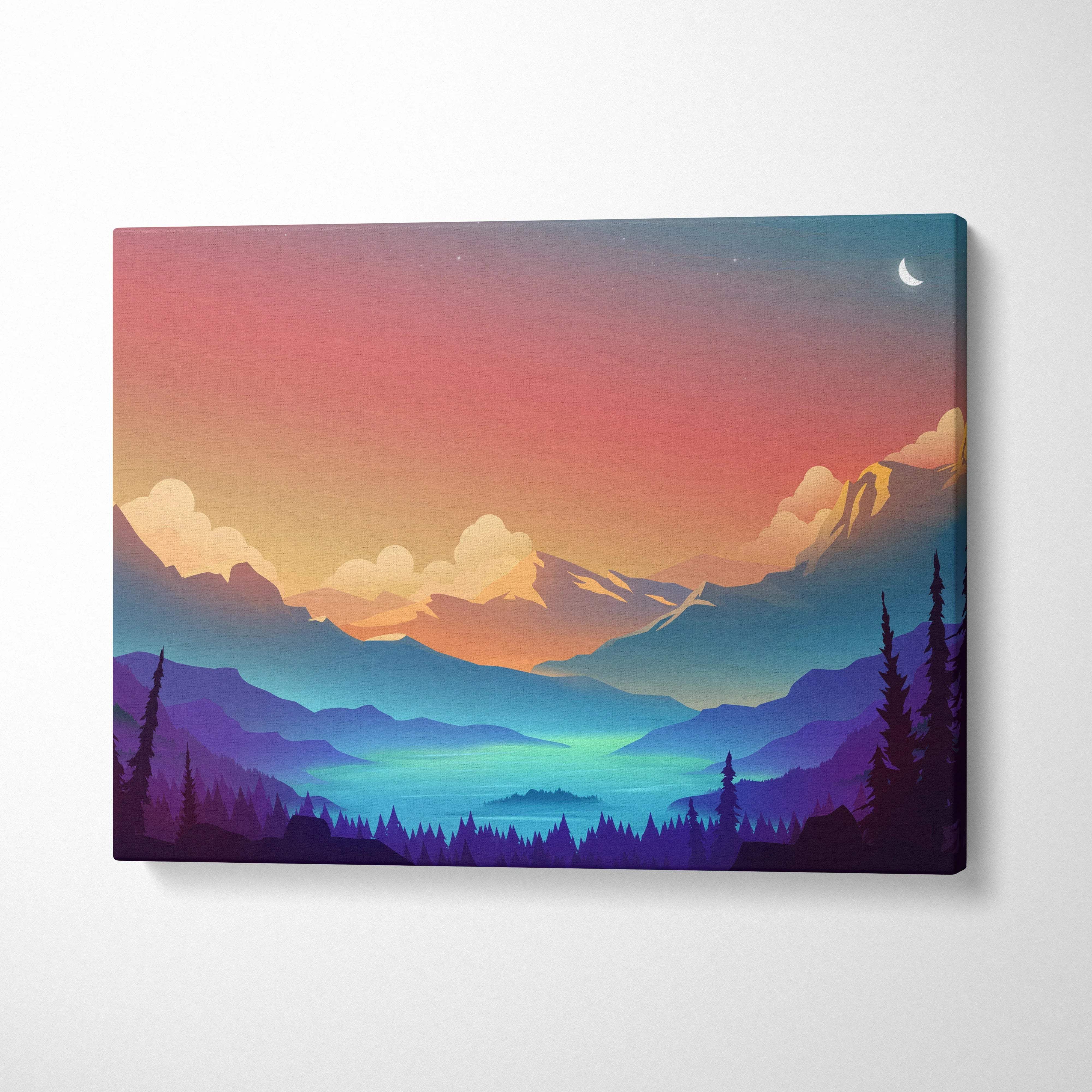 Stylized alpine valley at twilight with crescent moon over layered mountains