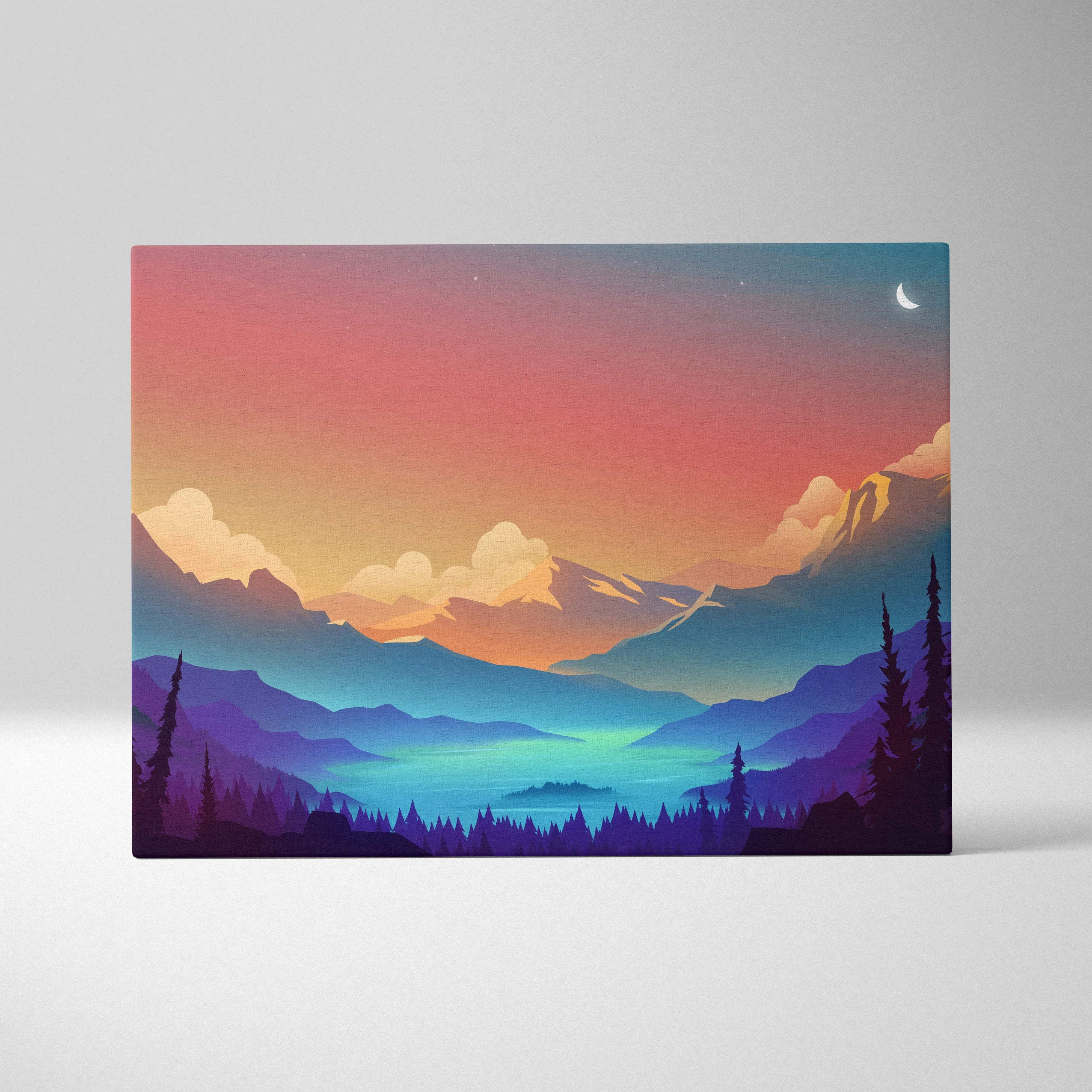 Stylized alpine valley twilight canvas with crescent moon, mountains, lake
