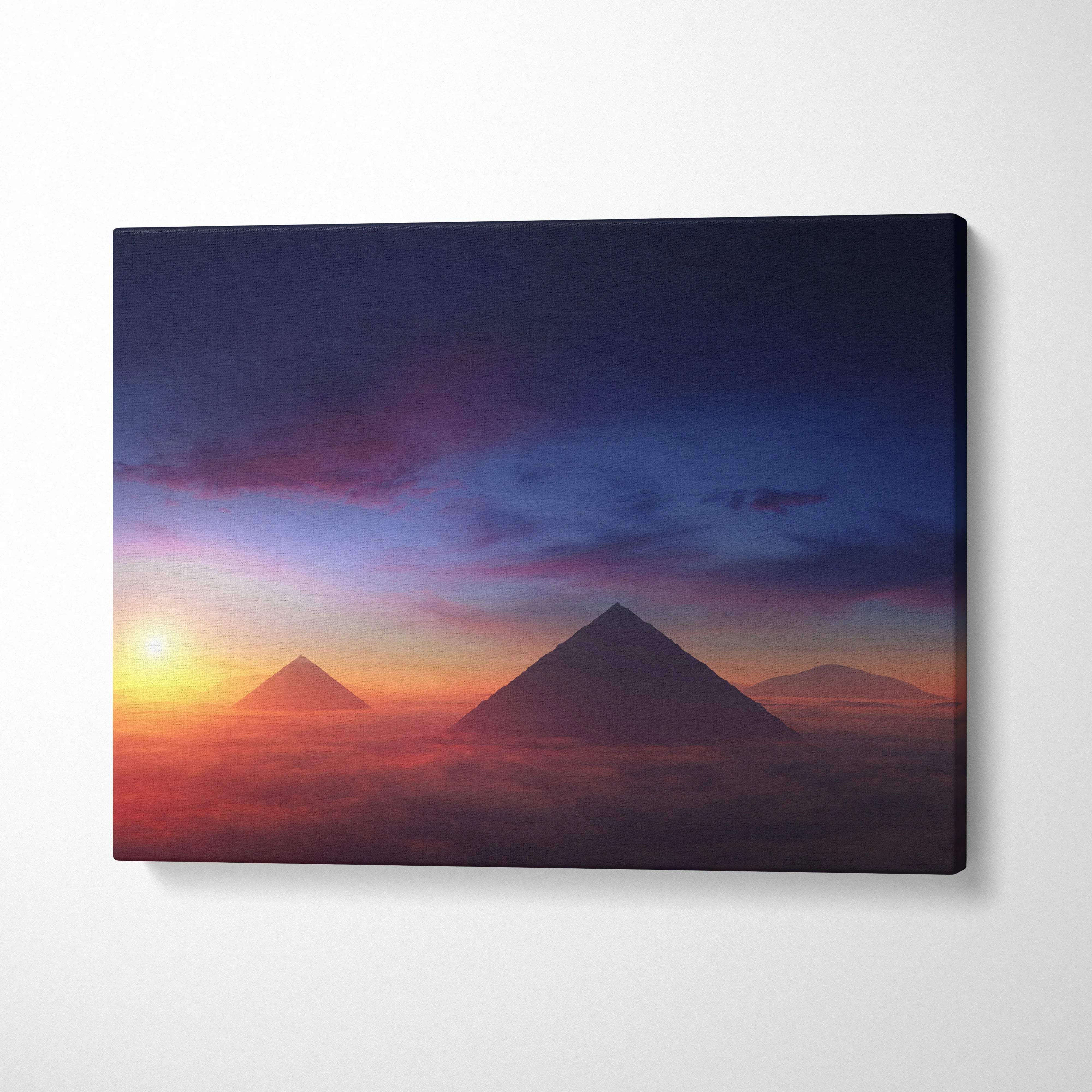 Cinematic pyramids sunrise canvas print in deep blues golds crimson haze