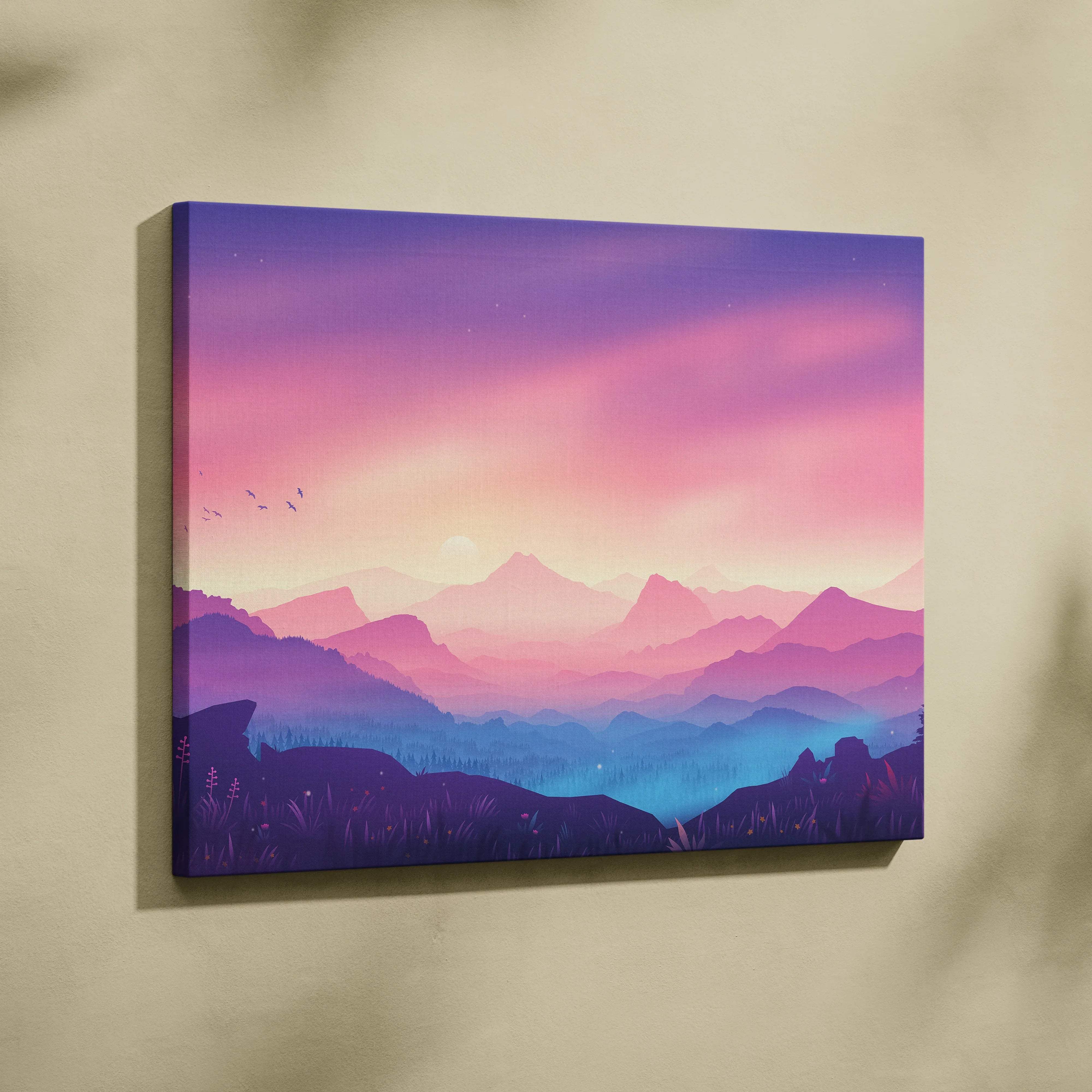 Dreamy pastel sunrise canvas art with layered mountains in misty valley