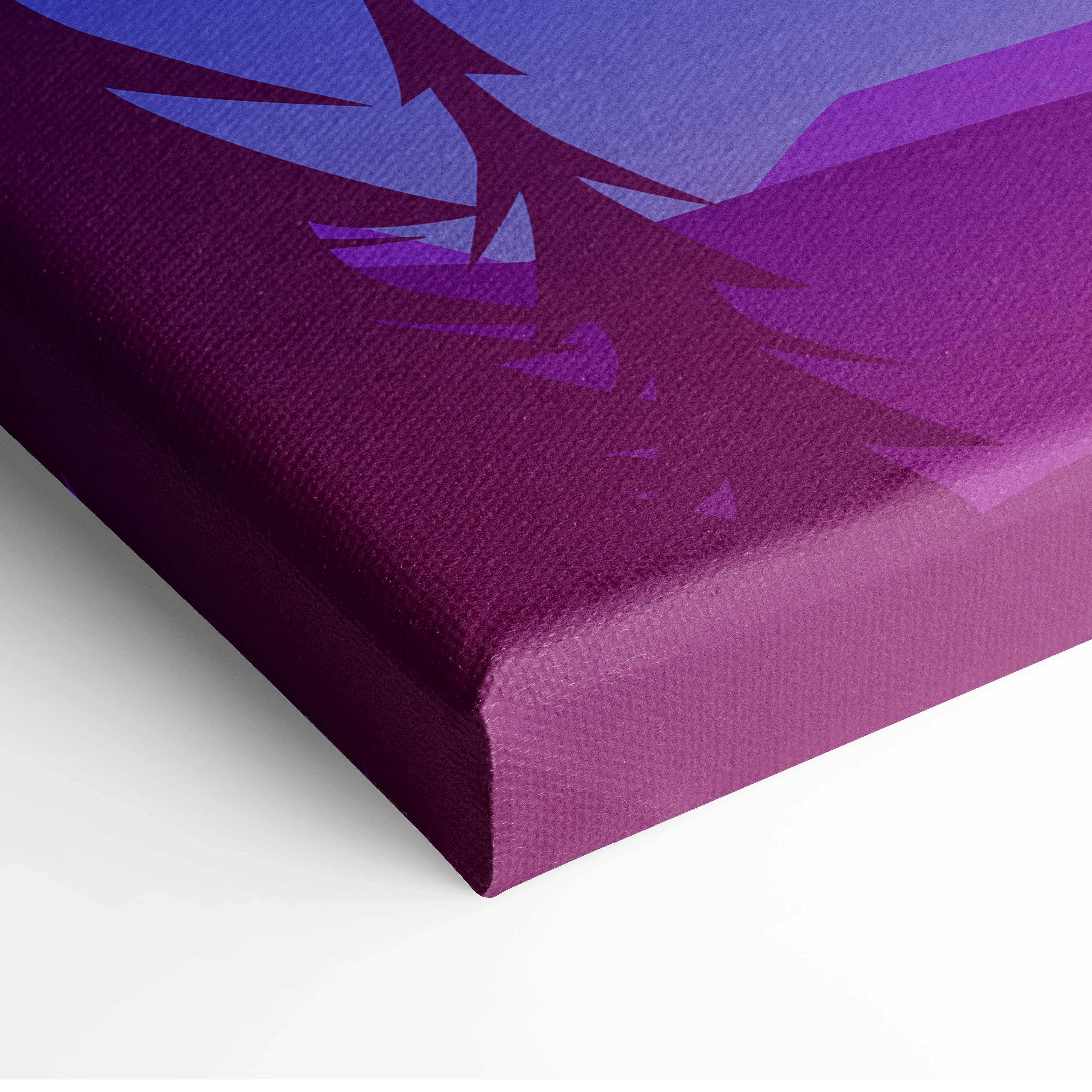 Purple tree silhouette on gradient sky canvas print with teal-violet mountains and moonlit pines