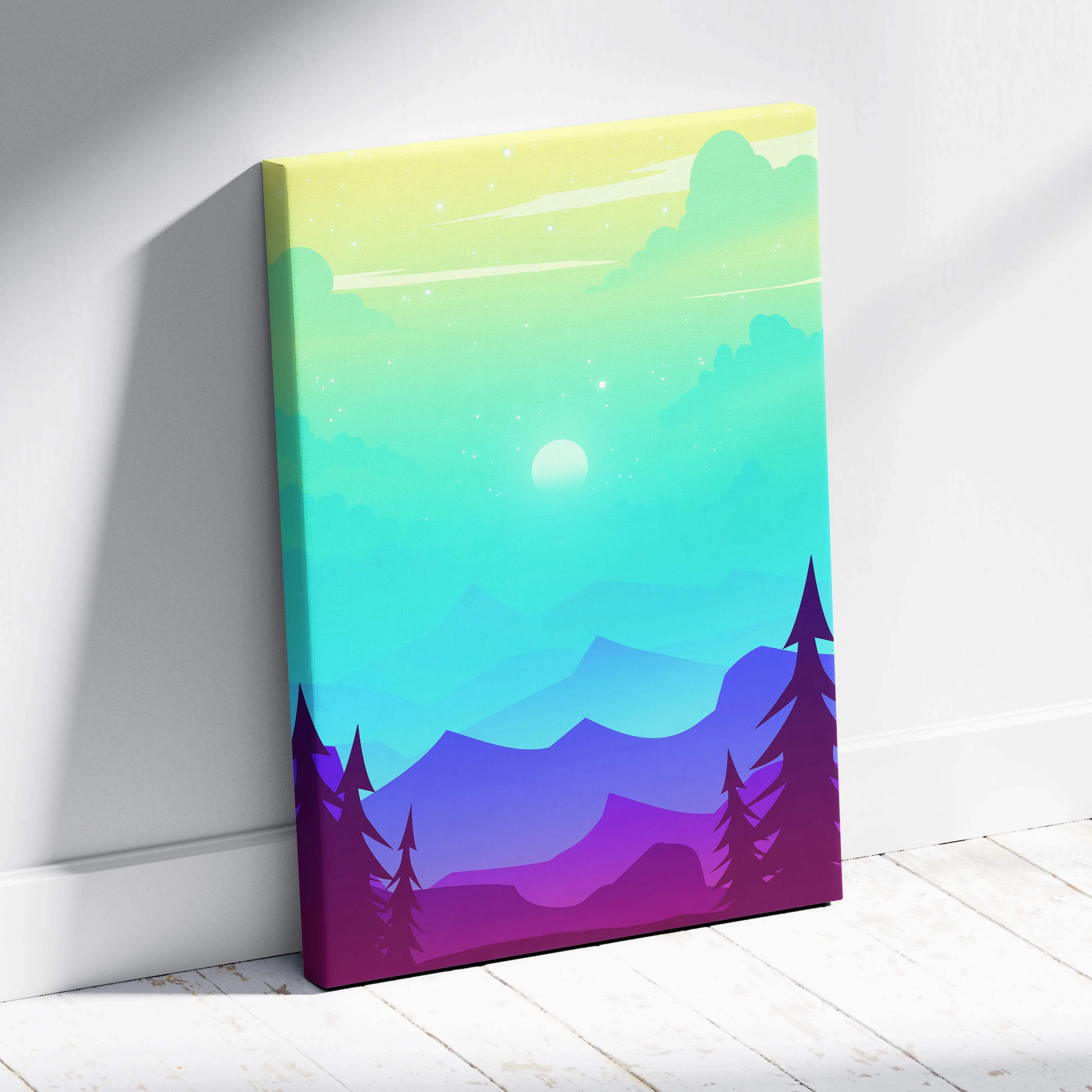 Pastel flat design canvas print with teal to violet mountains, moonlit sky and silhouetted pines