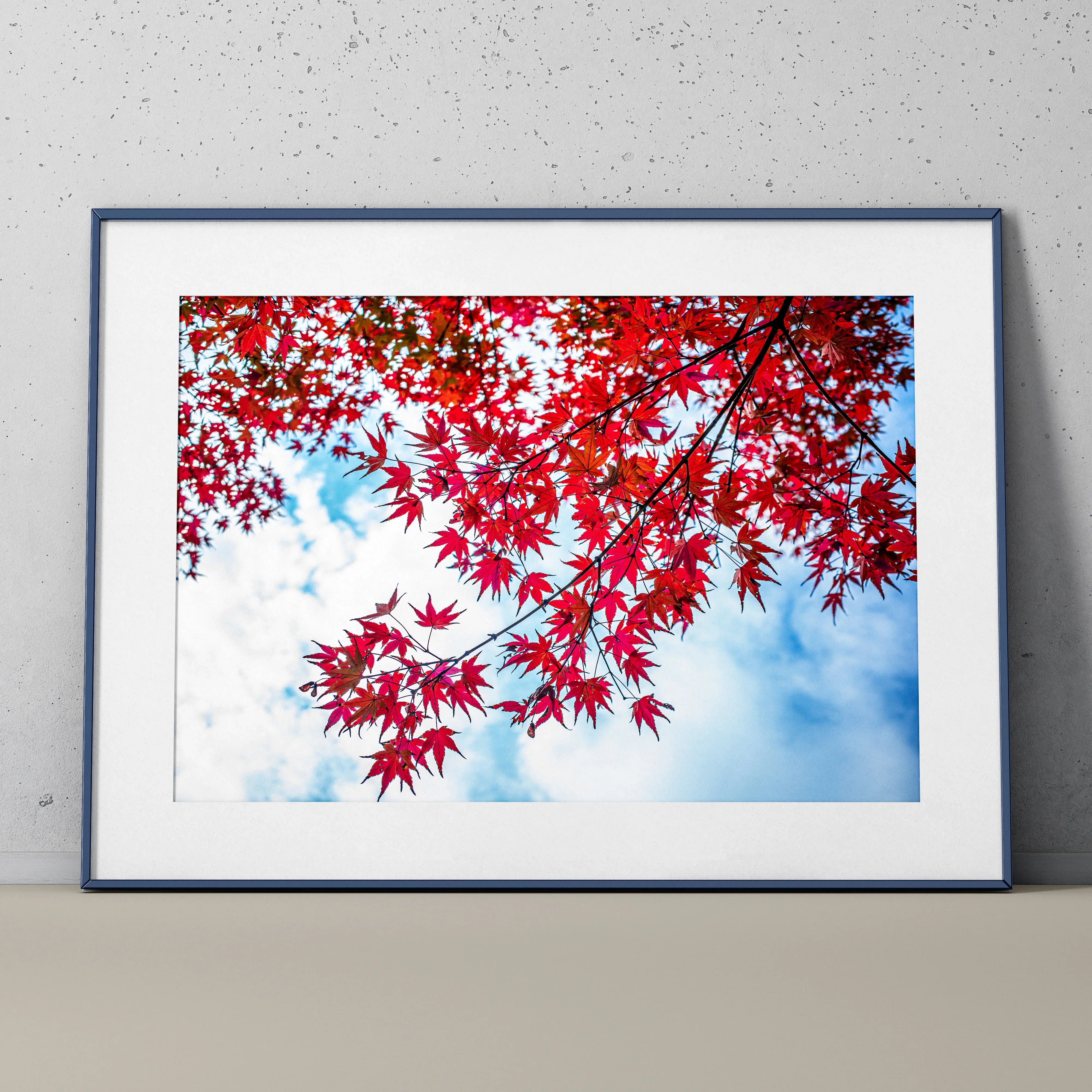 Vibrant autumn leaves poster with bright red foliage against blue sky, framed wall art.