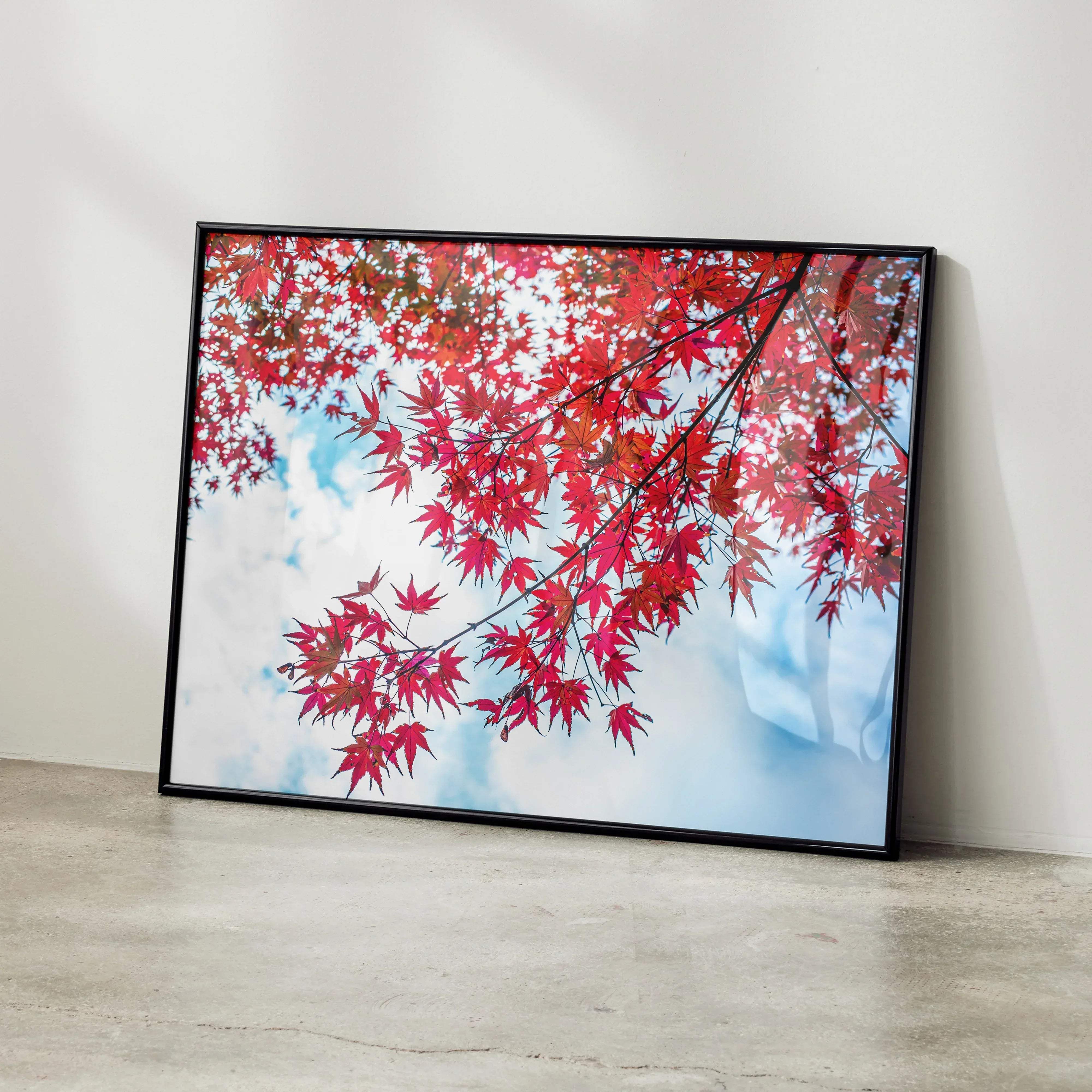 Vibrant autumn nature art poster with black frame featuring red maple leaves against a soft blue sky backdrop