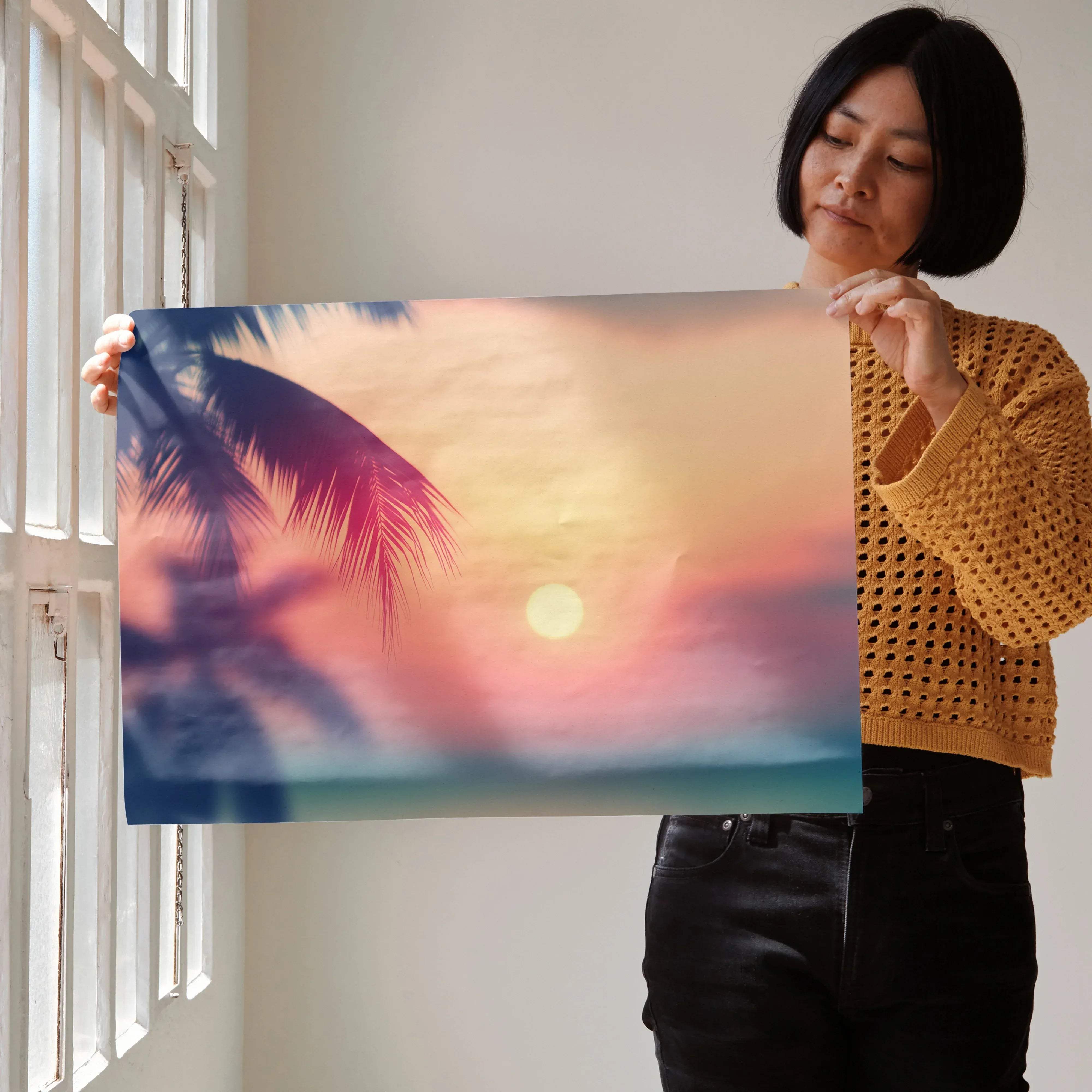 Serene beach digital art wall poster print featuring a vibrant sunset with silhouetted palm fronds on canvas