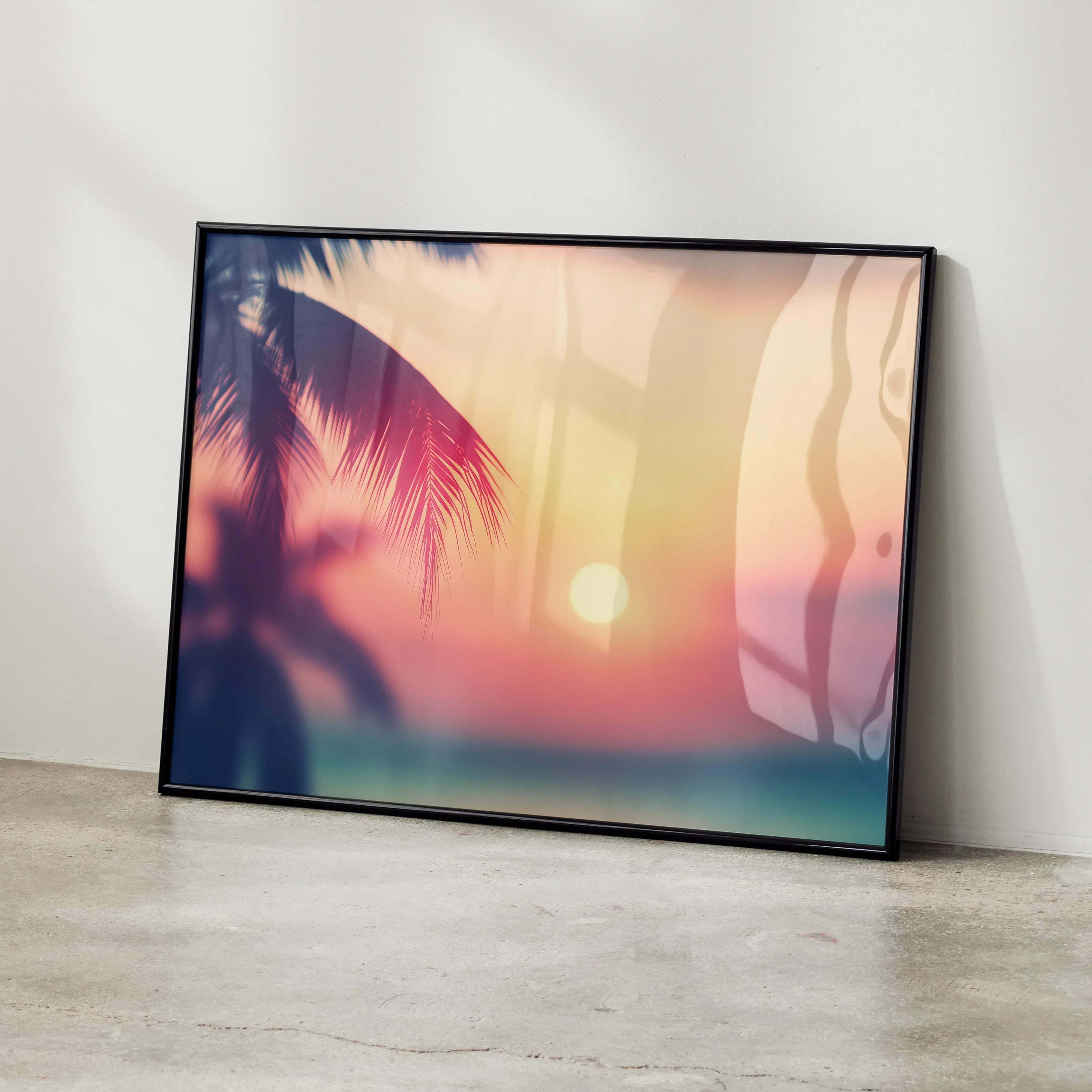 Serene beach digital art wall poster print featuring black-framed tropical sunset with silhouetted palm trees and warm sky colors