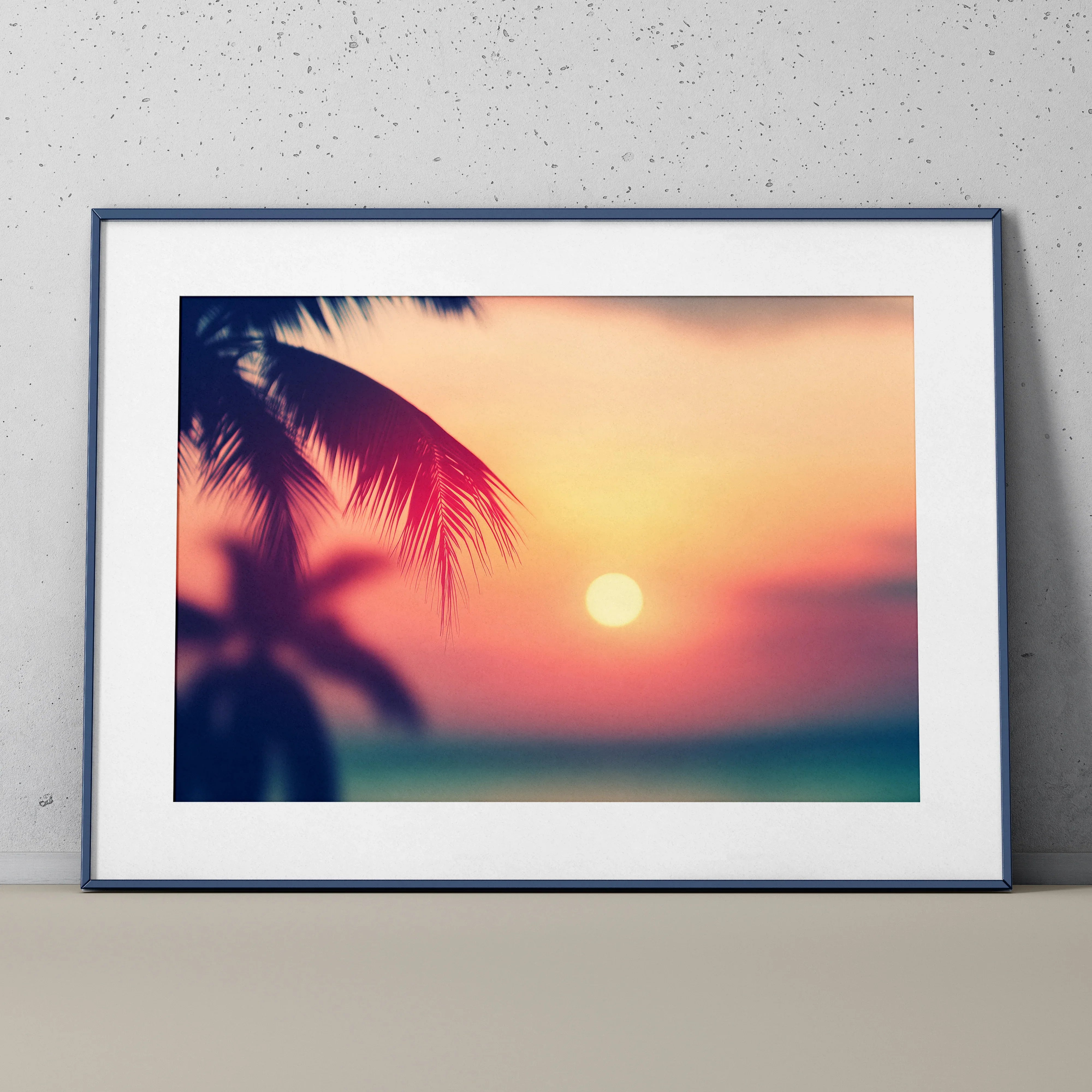 Sunset beach scene digital art poster with palm silhouettes and warm tones wall art.