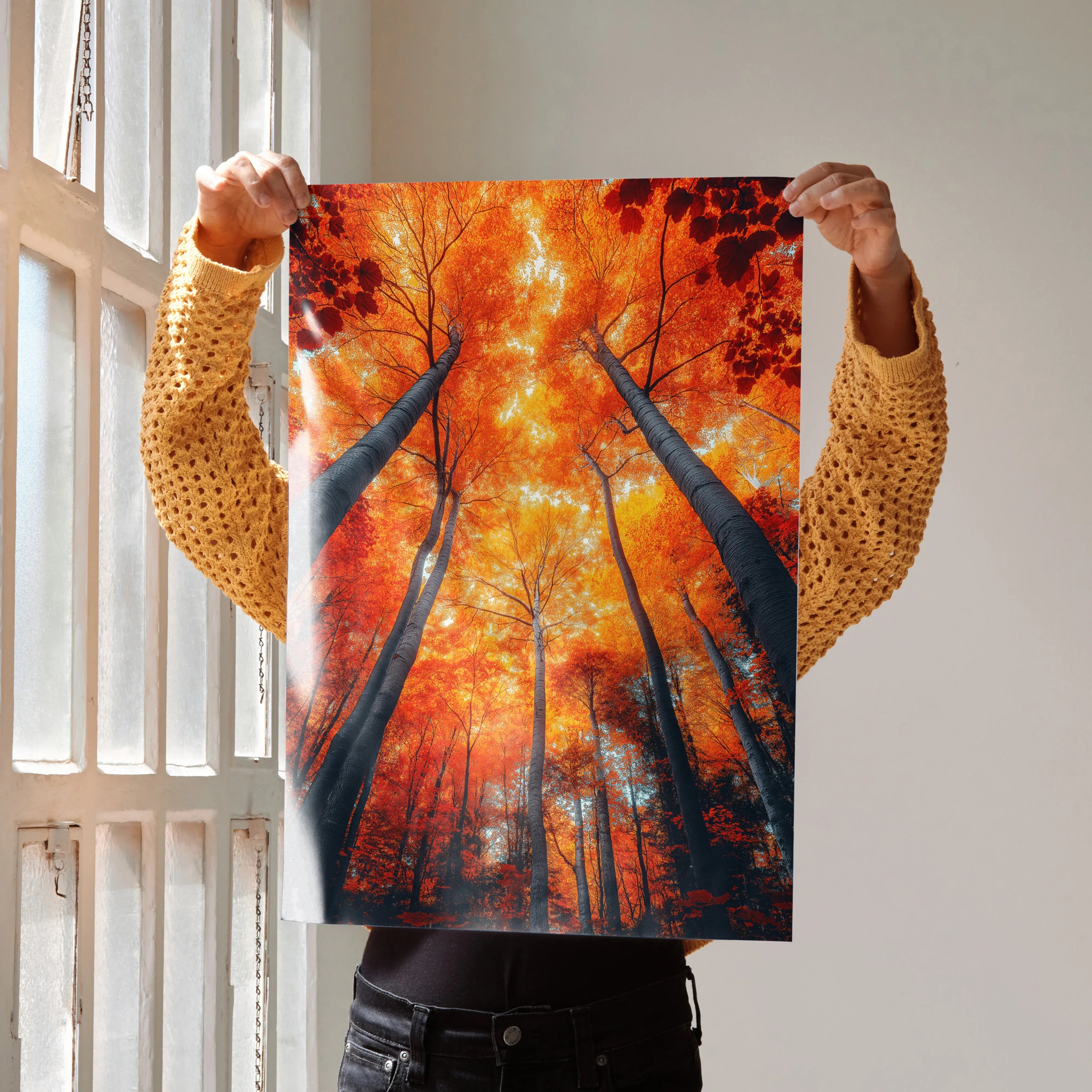 Vertical autumn forest digital art poster with vibrant orange foliage wall art.