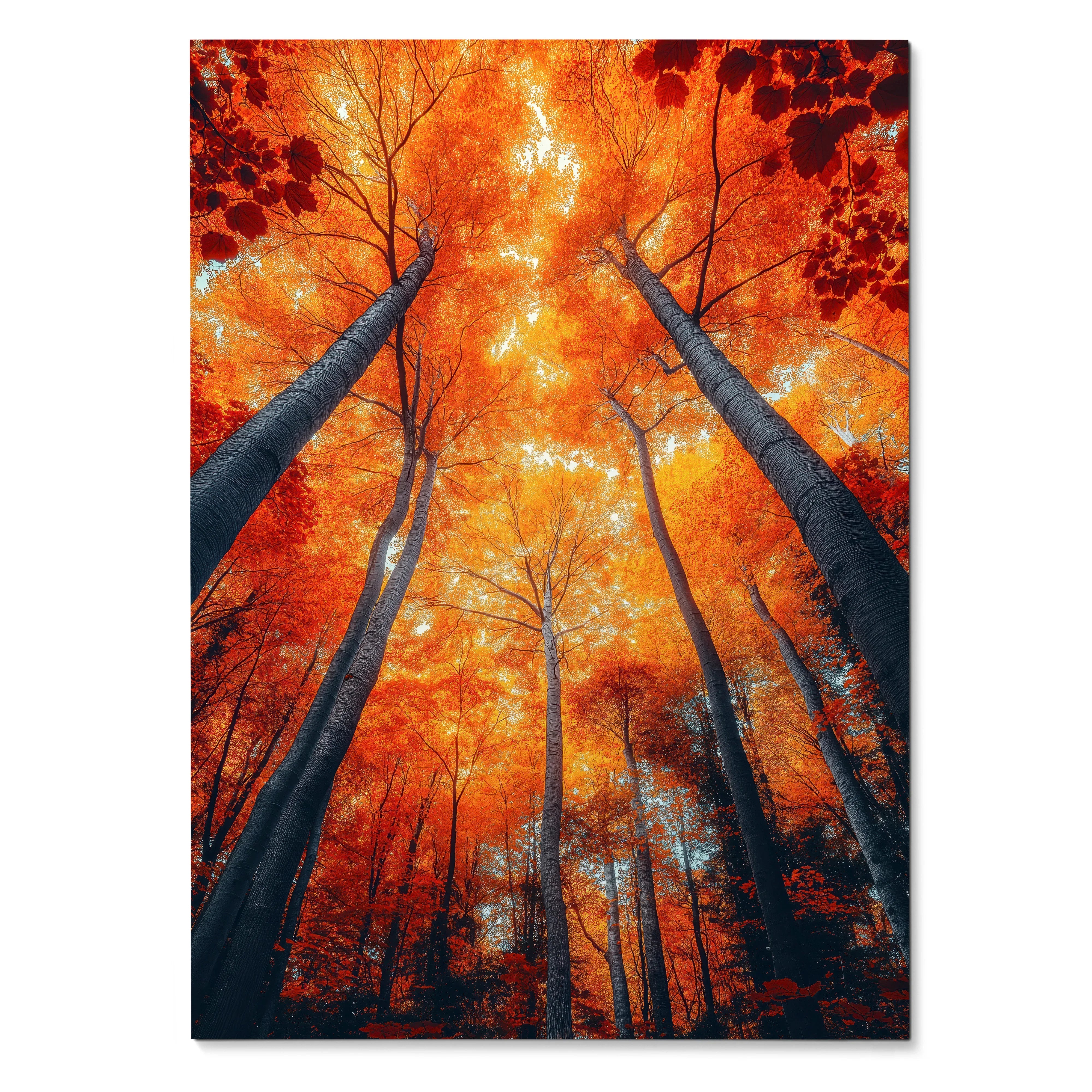 Vibrant autumn trees with glowing orange leaves against a bright sky vertical poster wall art.