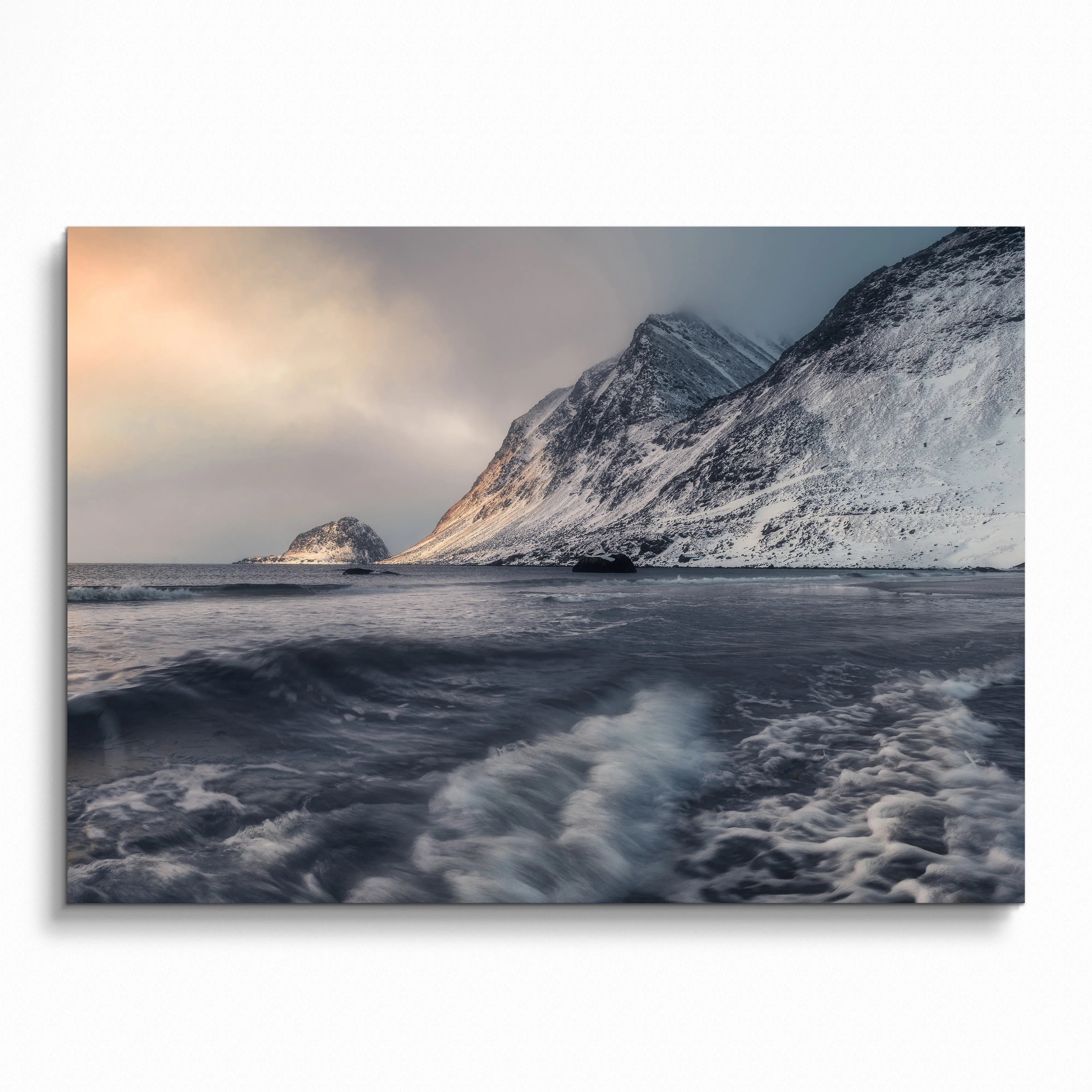 Majestic mountain sunset poster with snowy peaks and turbulent ocean waves wall art.