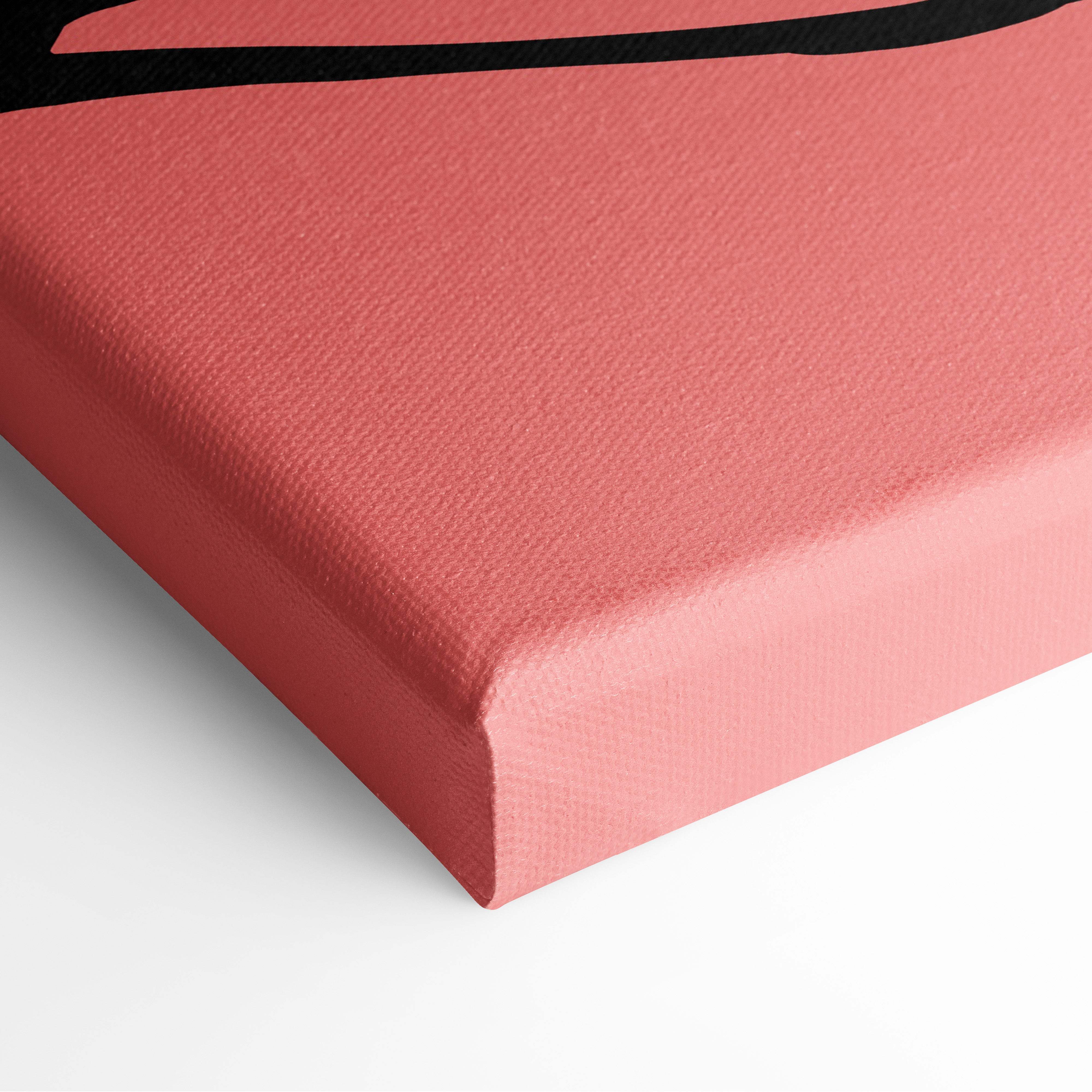 A coral-colored canvas print with textured surface featuring a black bird silhouette minimalist sunset design