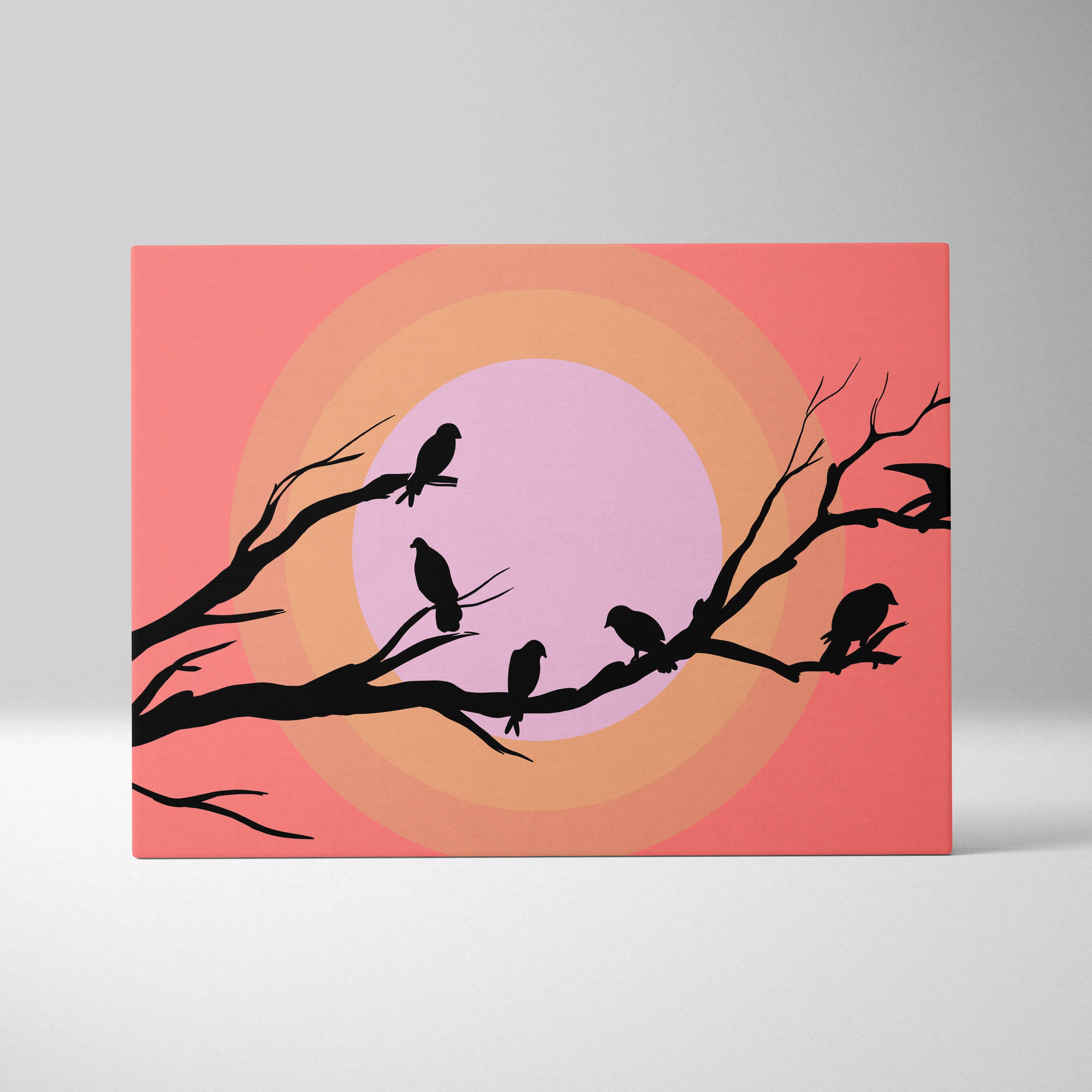 Rectangular canvas print featuring black bird silhouettes on coral and pastel gradient circles in minimalist style wall art