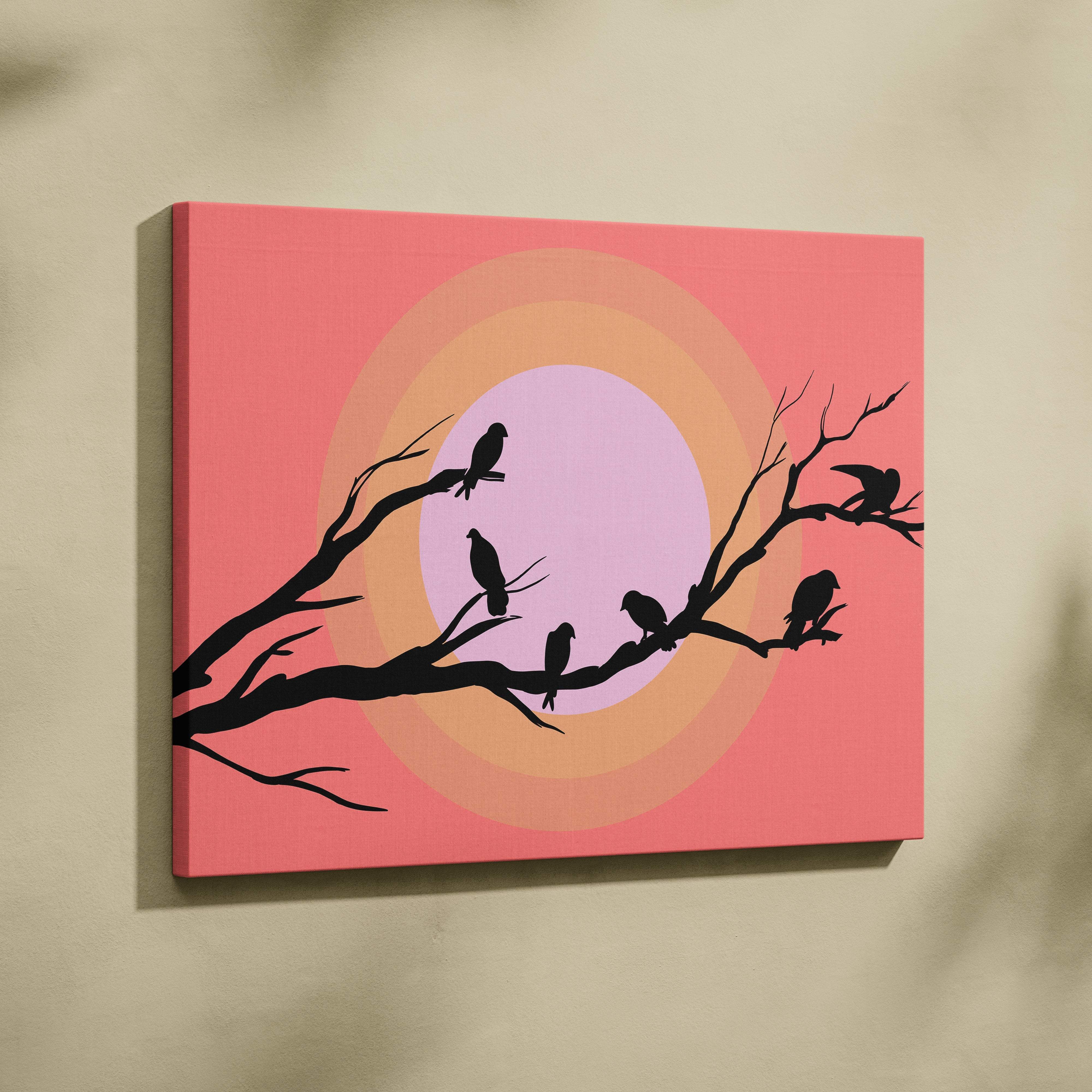 Pink canvas painting of bird silhouette sunset wall art print with black birds on branches and coral pastel gradient background
