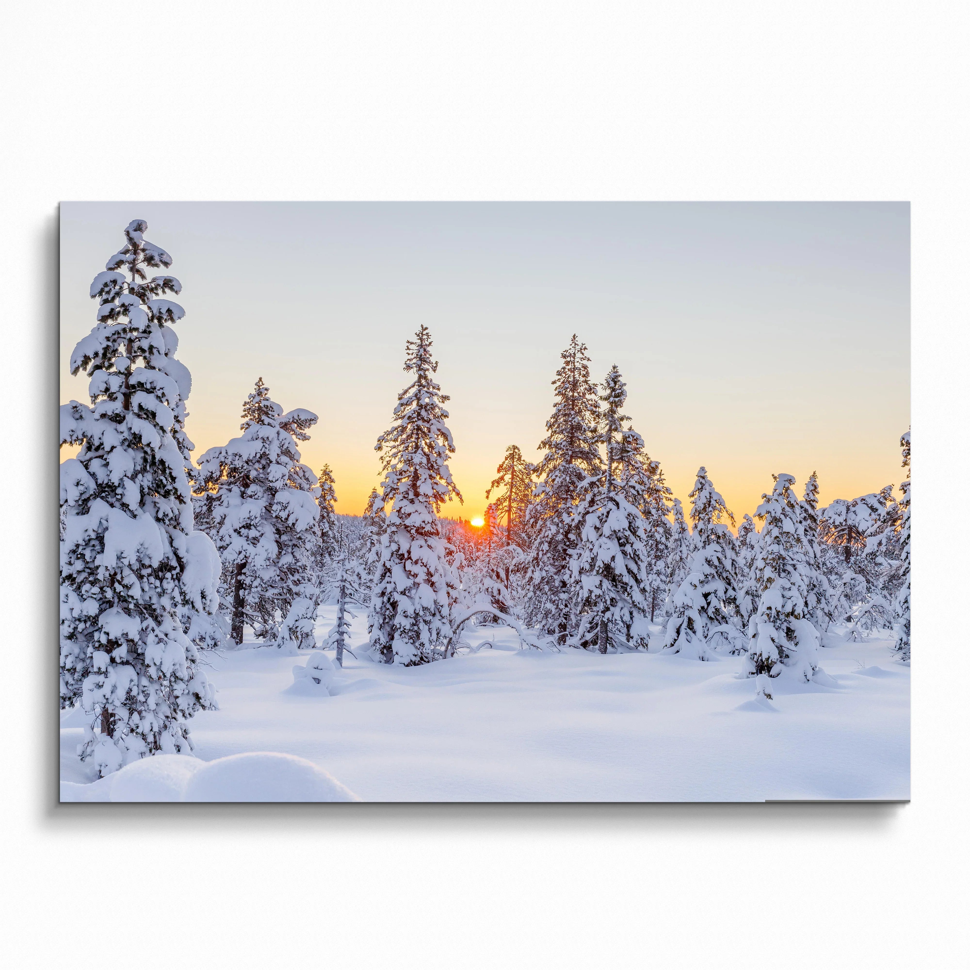 Serene snowy pine trees at sunset in a peaceful winter landscape poster wall art.