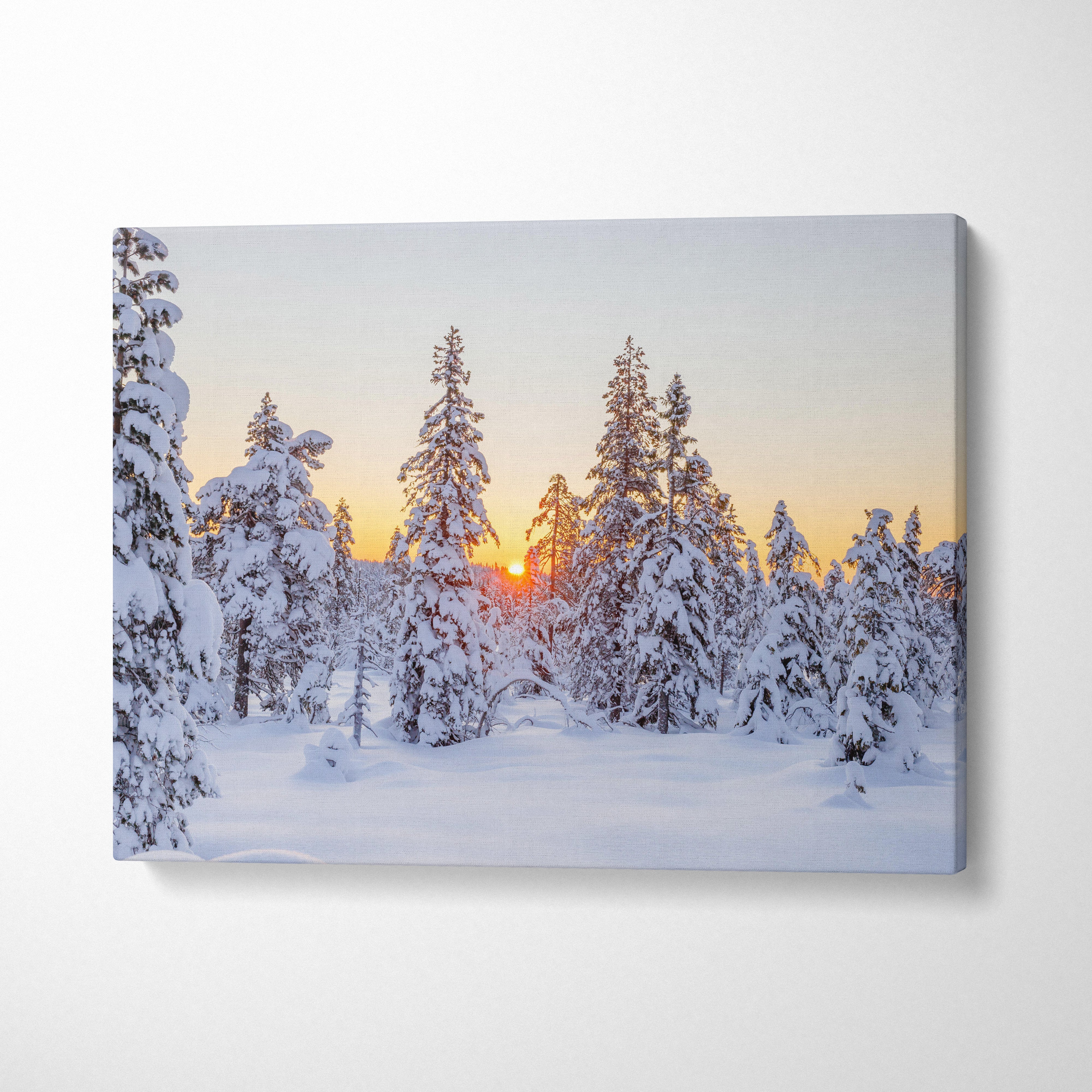 Snowy forest landscape with orange sunset glow on canvas wall art print.