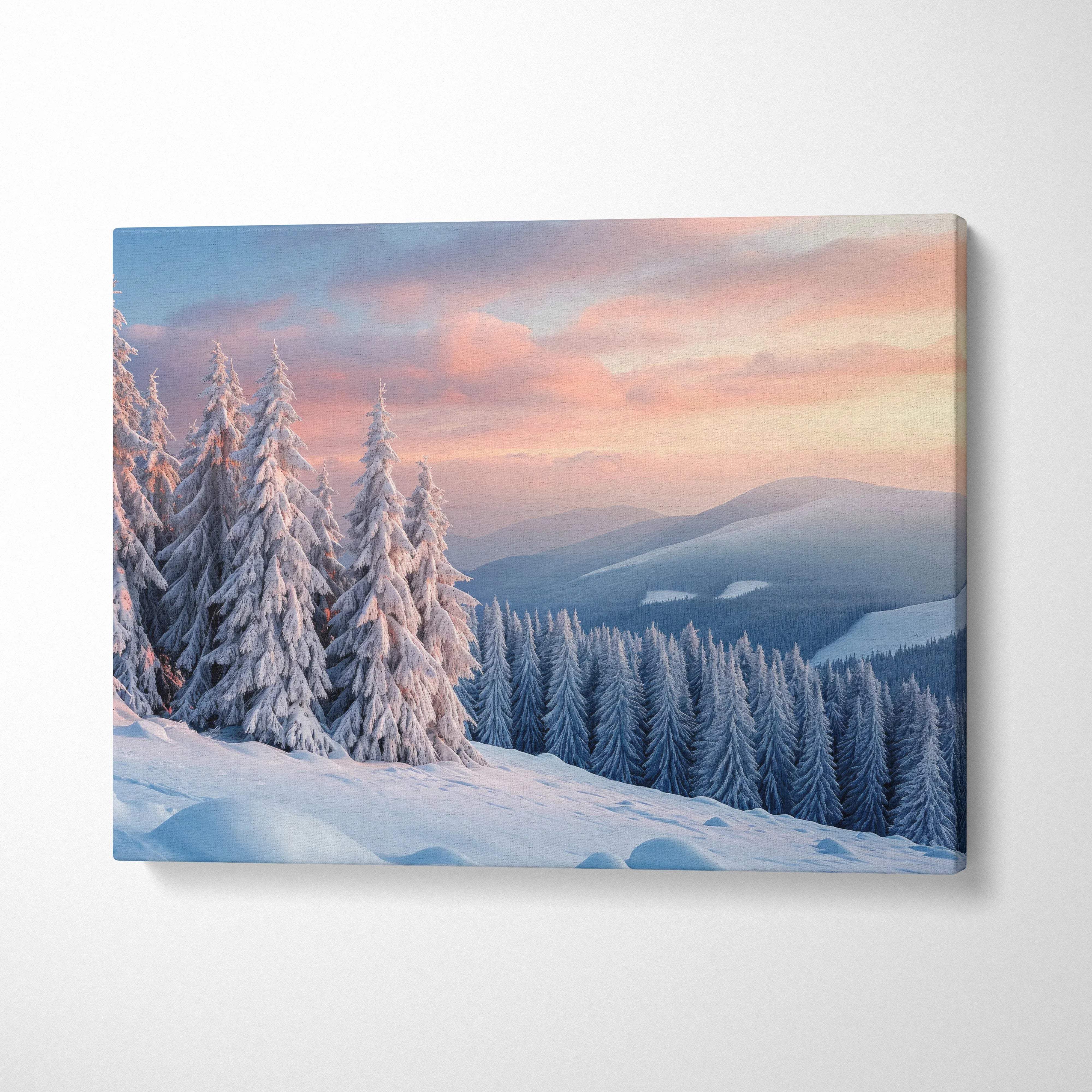 Photorealistic snowy pine forest winter landscape canvas wall art at sunset