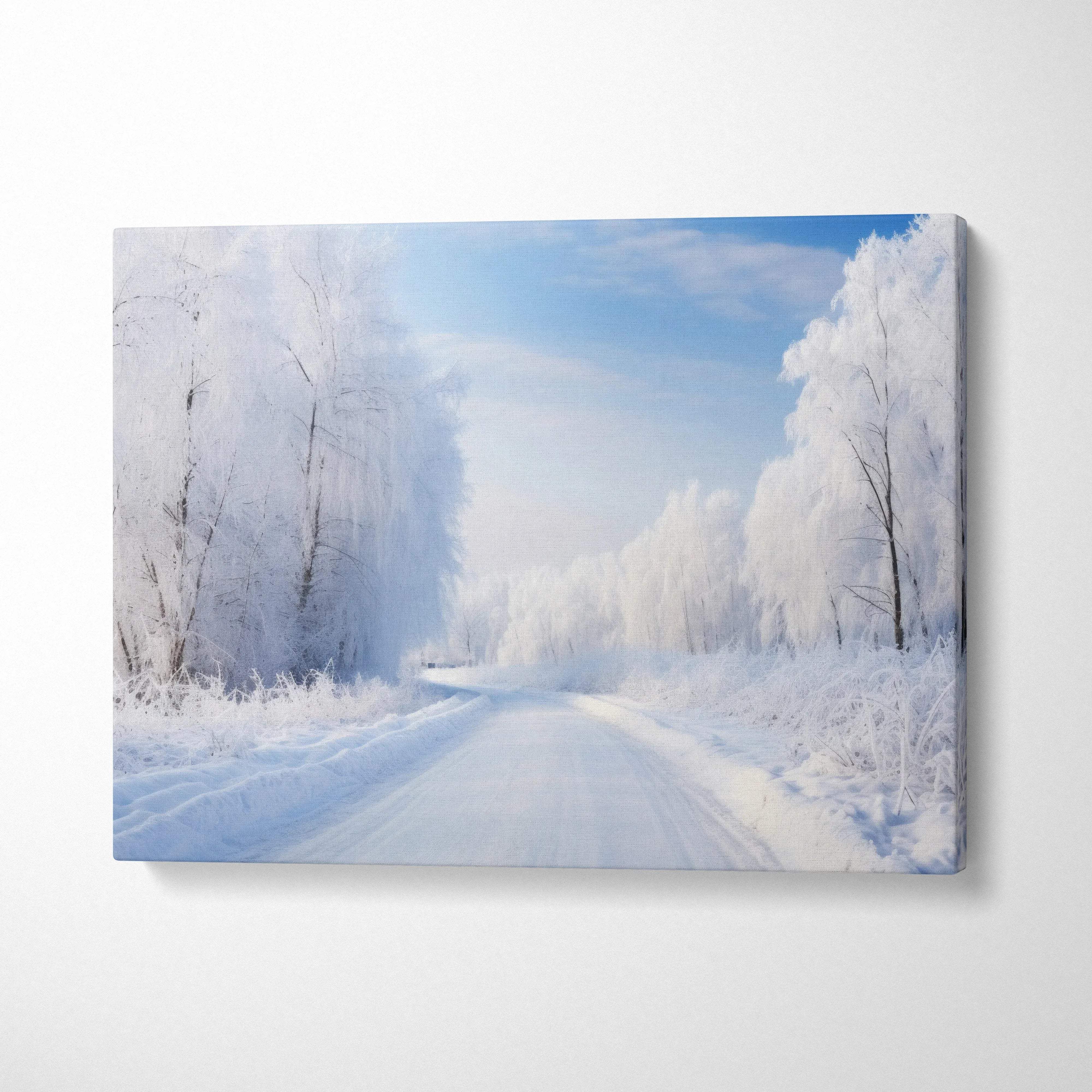 Winter snowy landscape canvas wall art with frosted trees and clear blue sky decor.