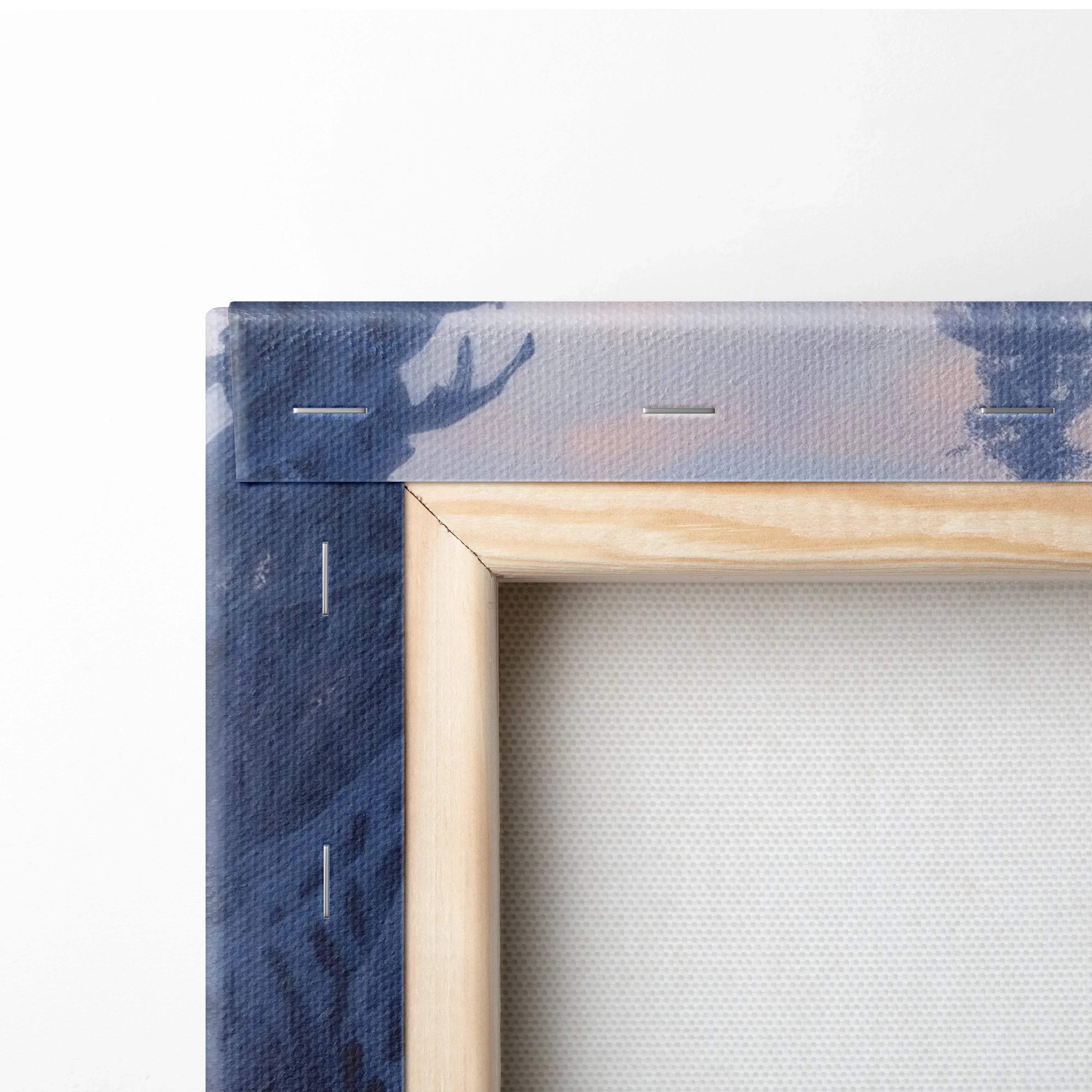Light wood frame canvas wall art with navy blue abstract brushstrokes inspired by a dreamy snowy winter landscape