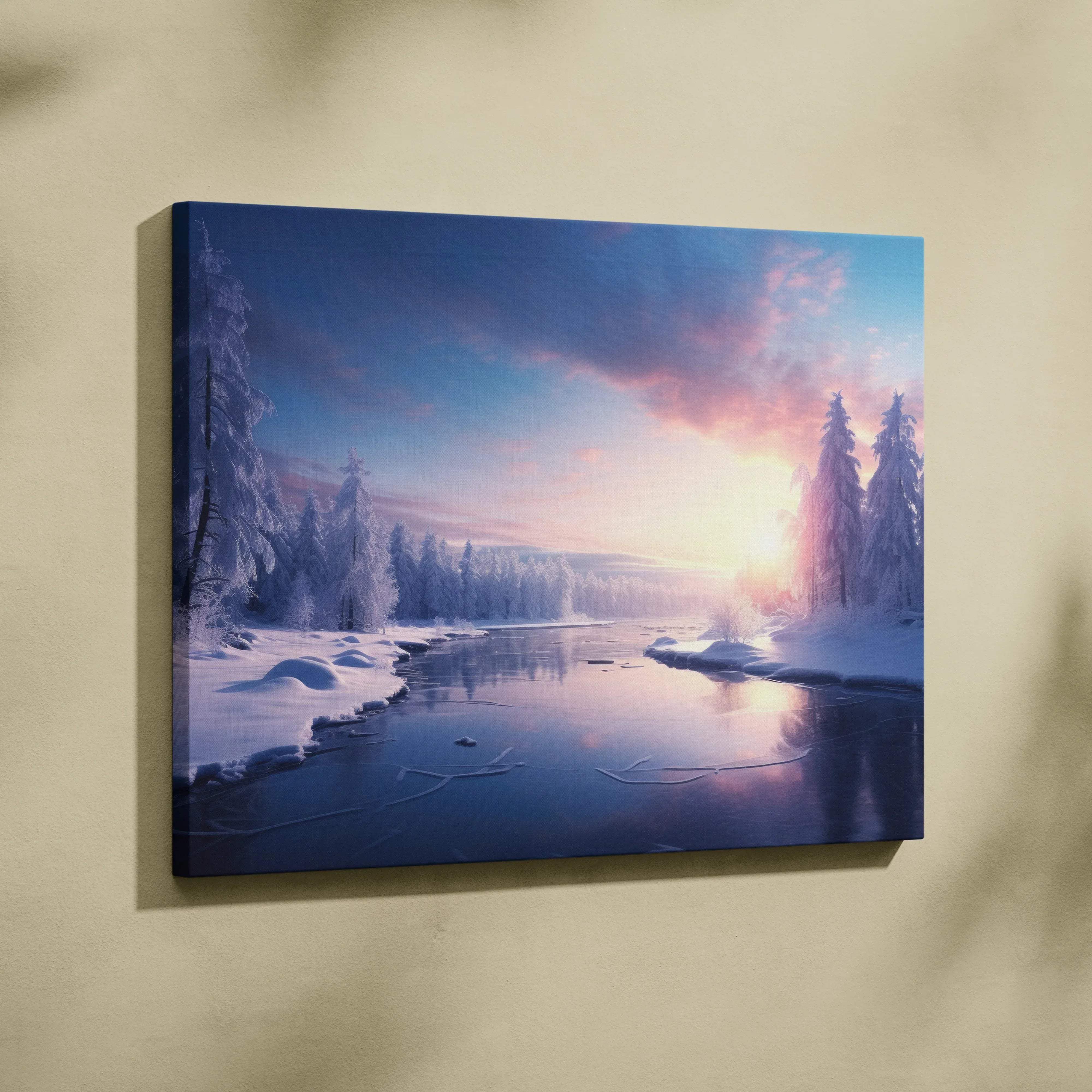 Dreamy snowy sunset winter landscape canvas wall art featuring a snow-covered forest with sunrise reflecting on icy water