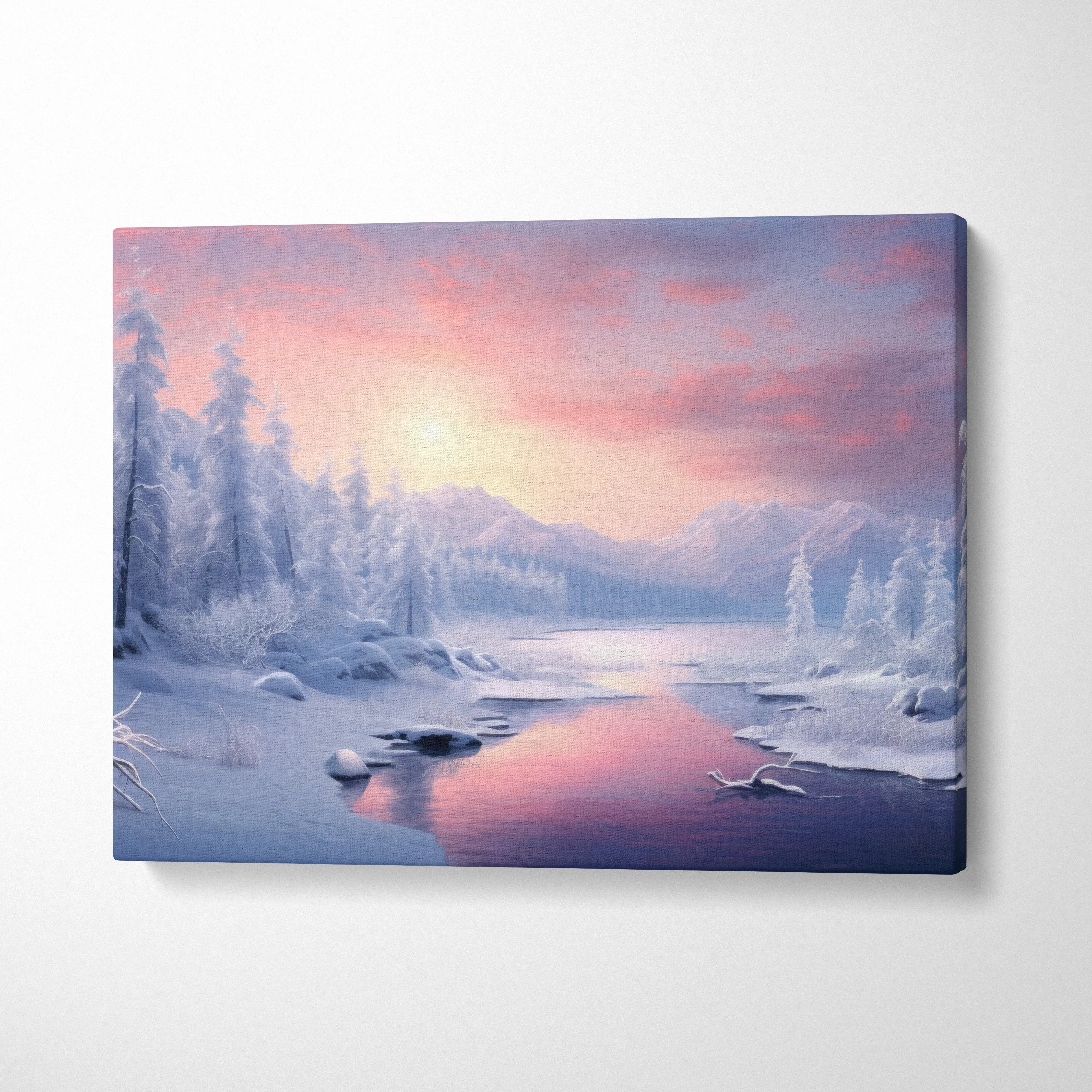 Canvas wall art featuring a dreamy snowy mountain landscape at sunset with pink and purple skies.