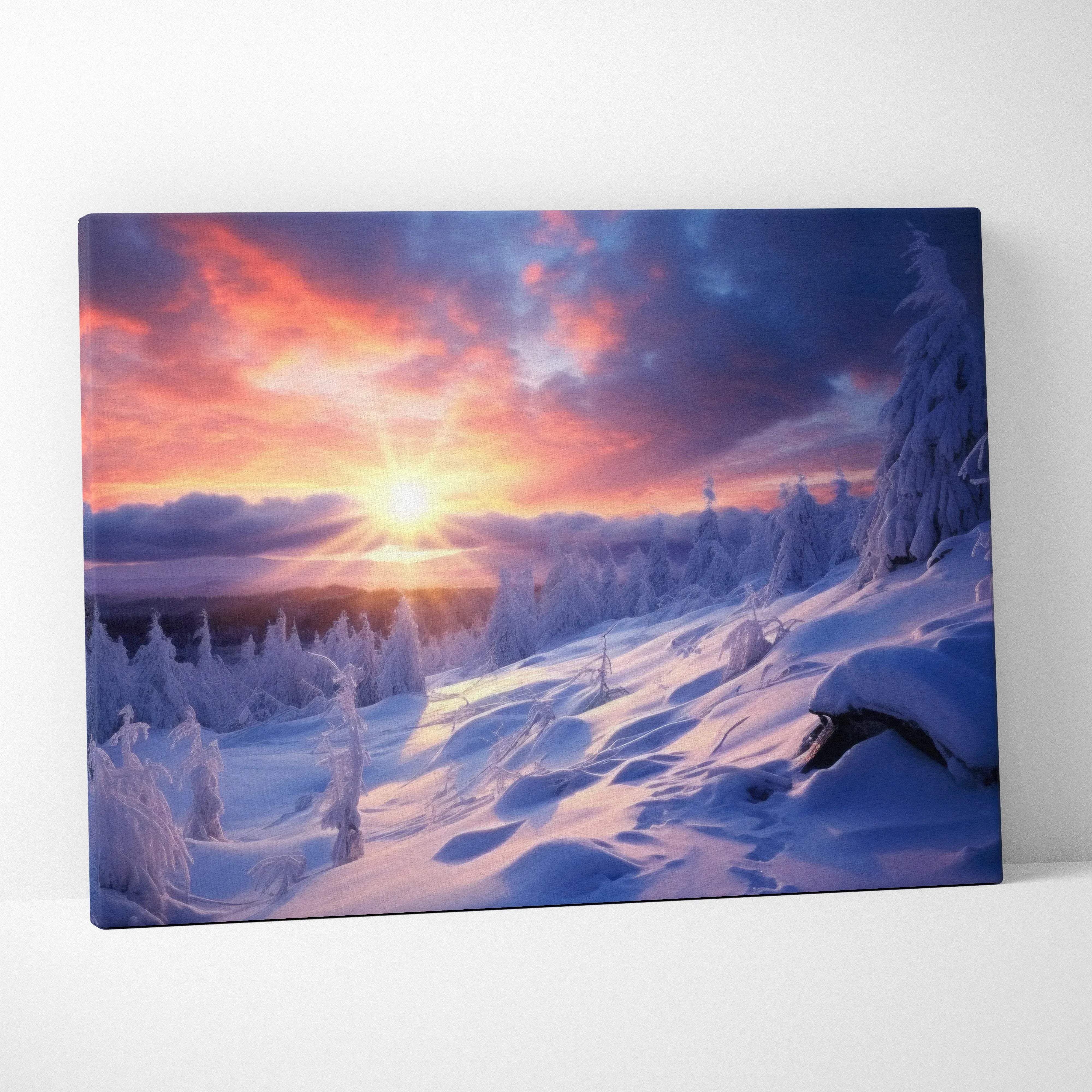Winter landscape canvas wall art of snow-covered forest with vibrant orange purple sunset and icy blue tones