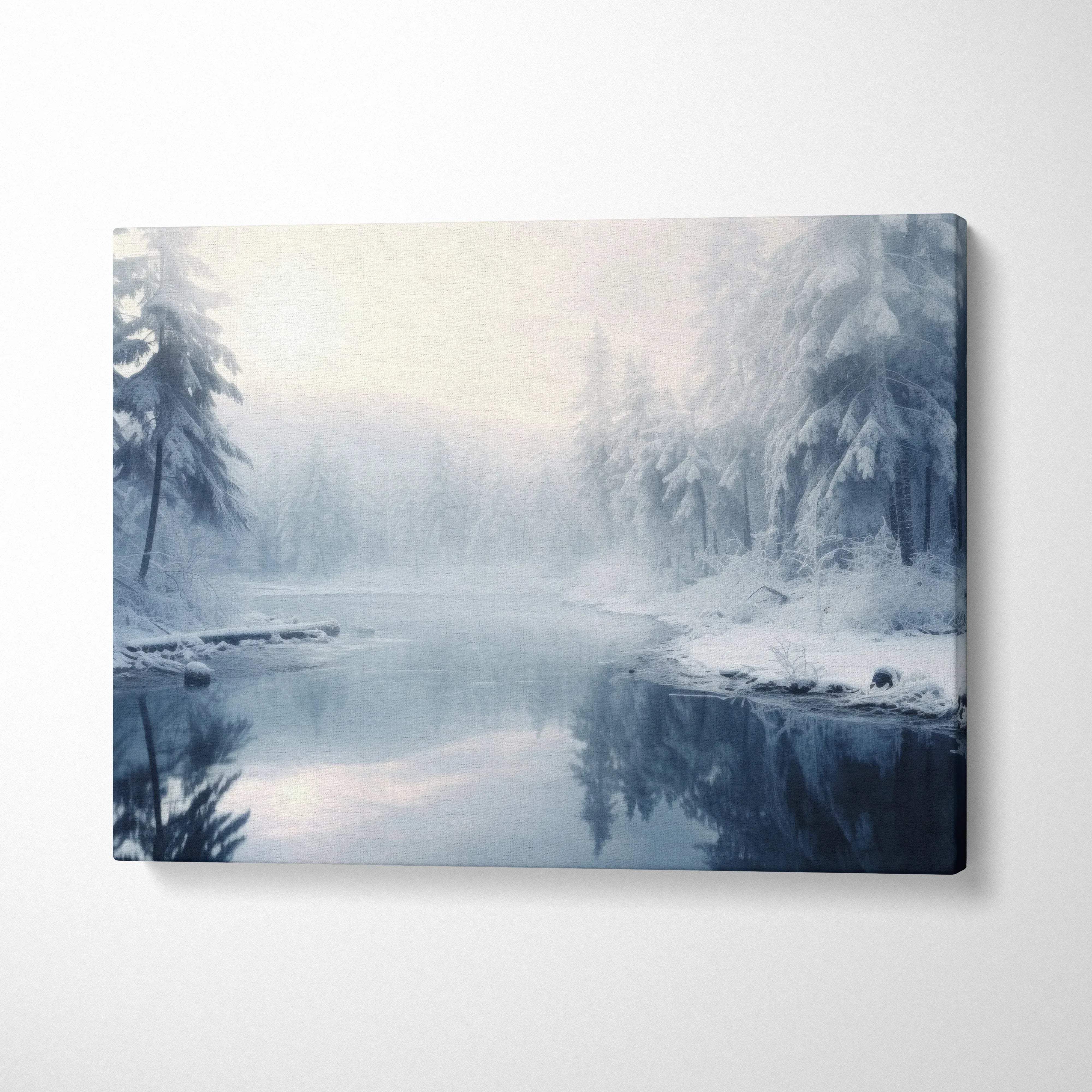 Winter snowy forest and river landscape canvas wall art with soft blue and white tones decor.