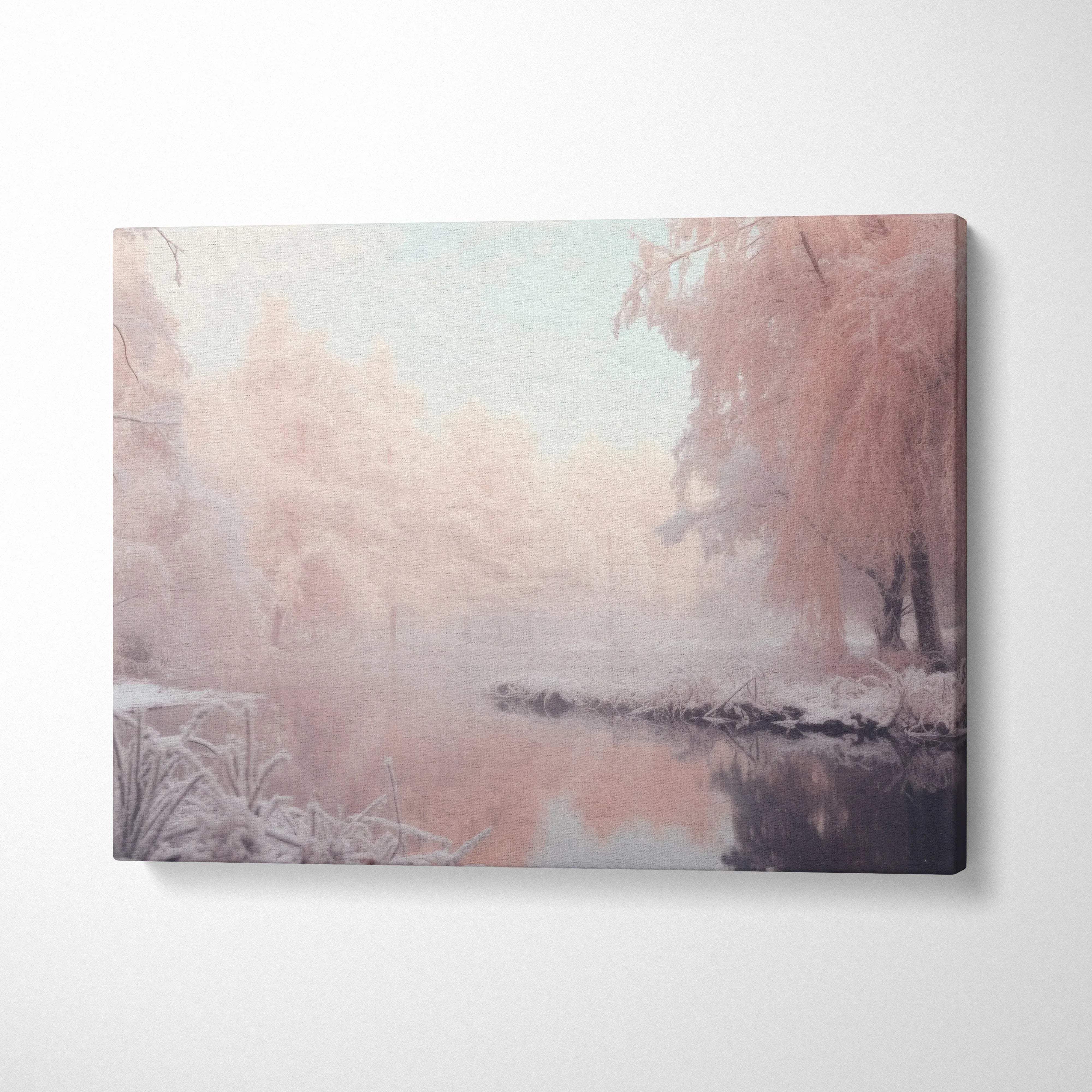 Canvas wall art featuring dreamy snowy landscape with soft pink and white tones and serene river decor.