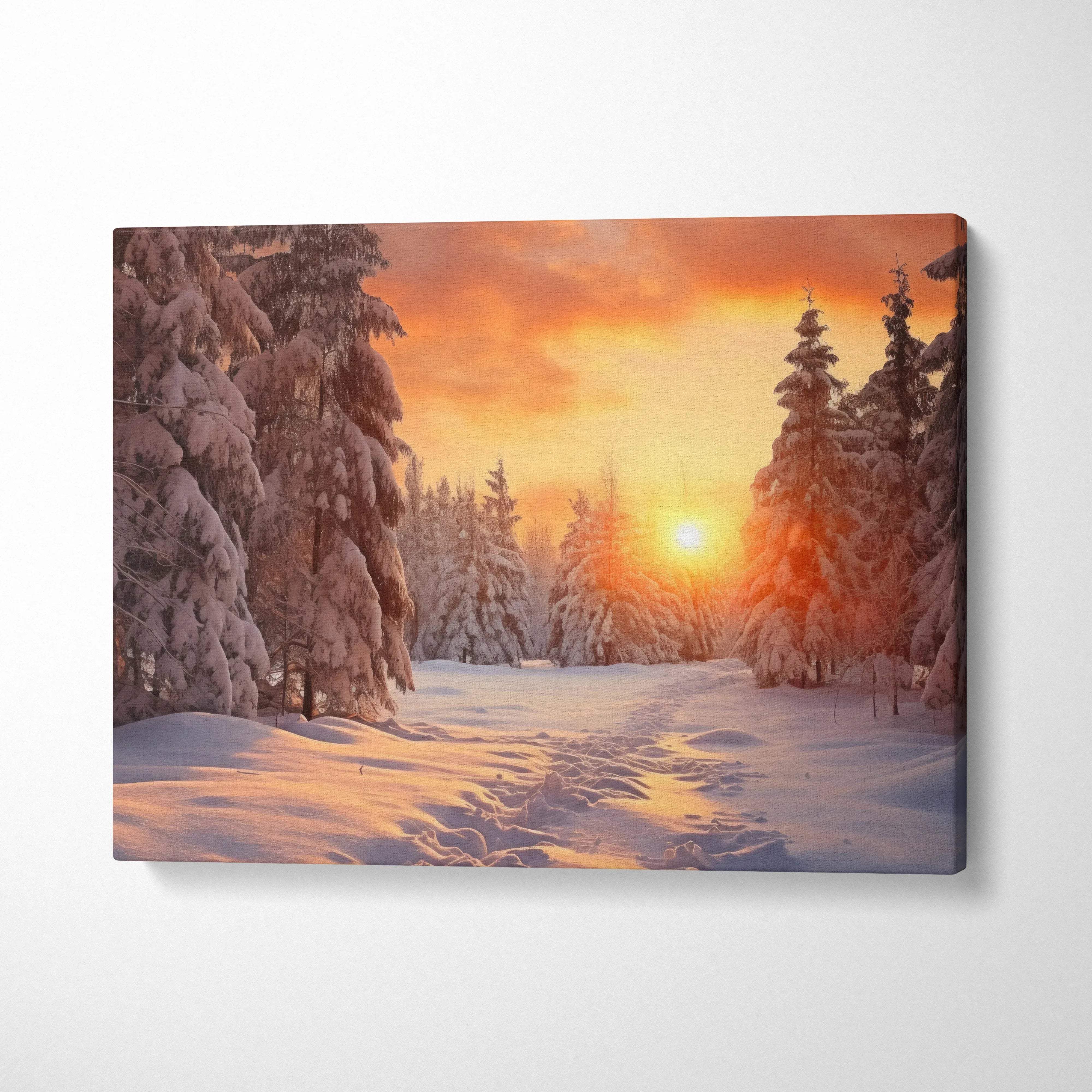 Canvas wall art featuring a vivid winter snowy landscape with a glowing orange sunset and snow-covered pine trees.