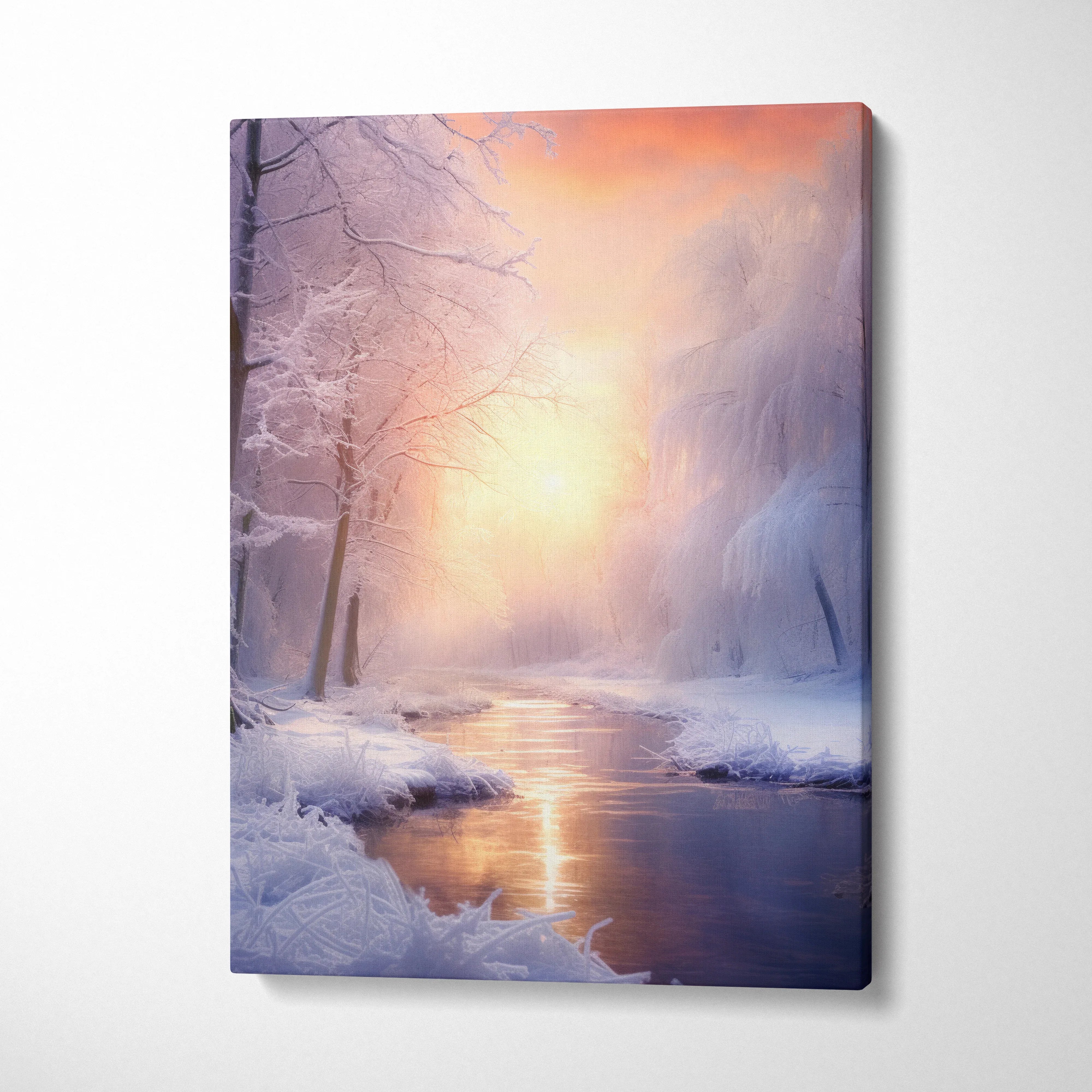 Vertical canvas wall art of a snowy forest at sunset with a glowing river reflecting orange and purple light.