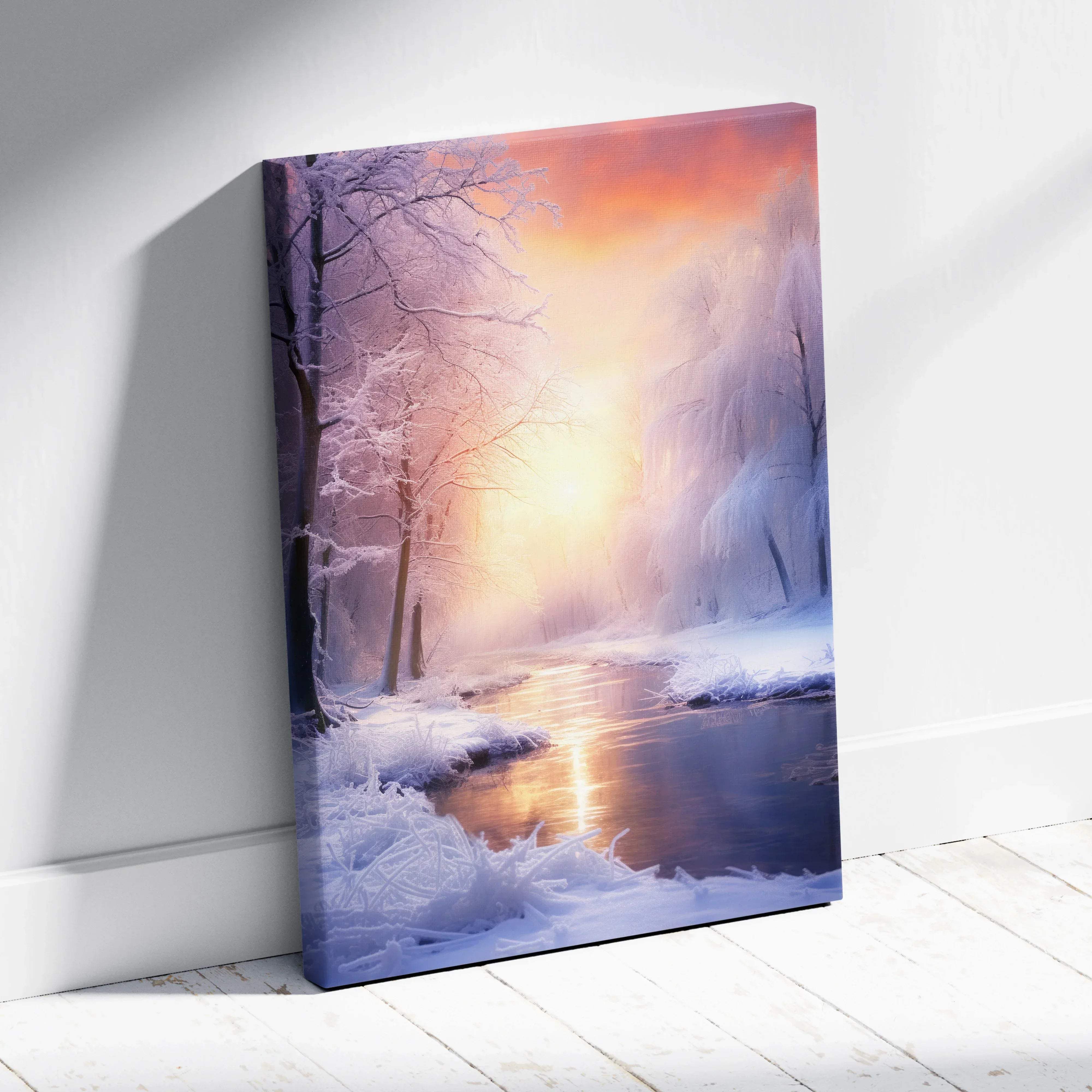 Rectangular canvas wall art featuring a dreamy winter landscape with pink sunset and snowy river reflecting orange hues