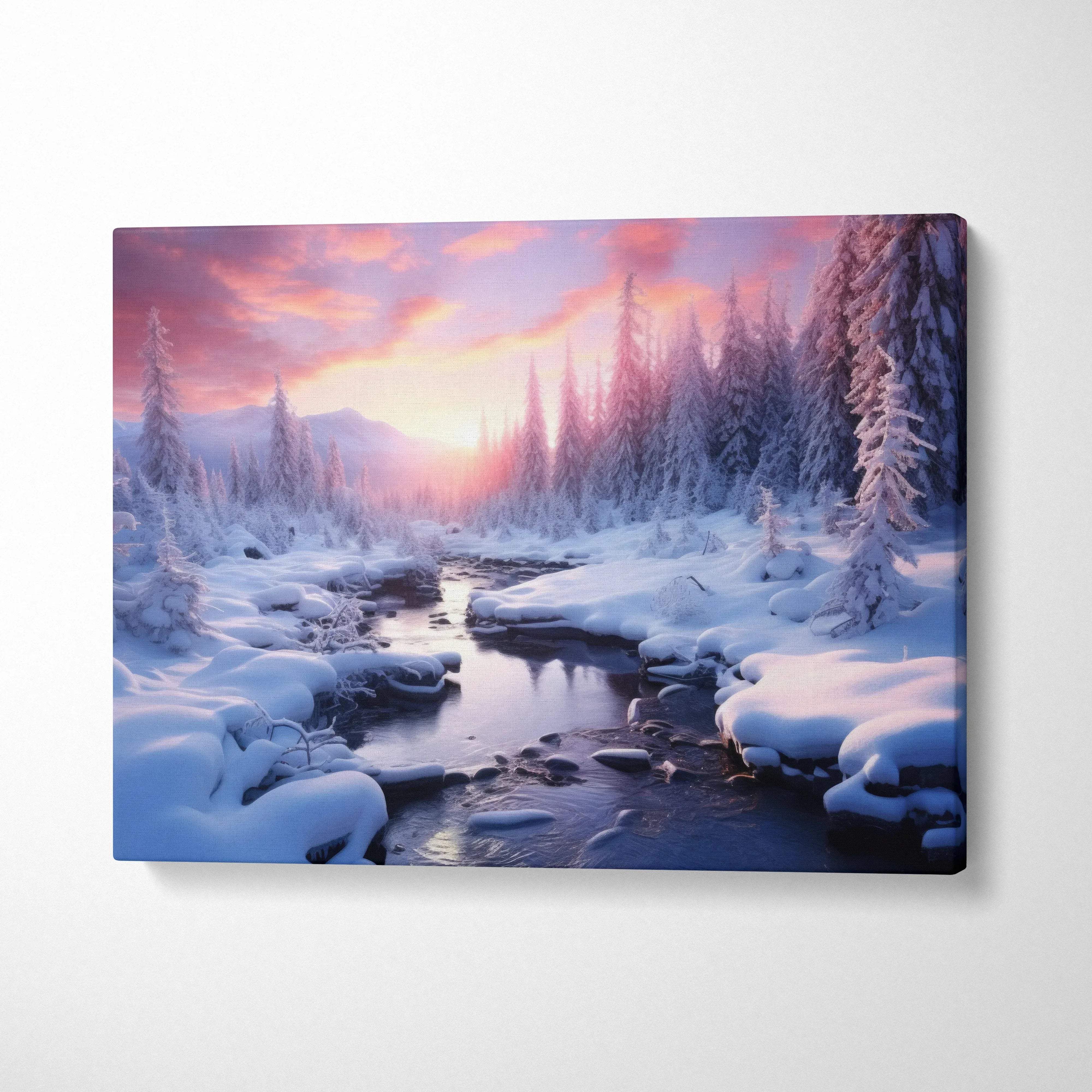 Winter snowy sunset landscape canvas wall art with vibrant pink and purple sky over snow-covered trees and river decor.