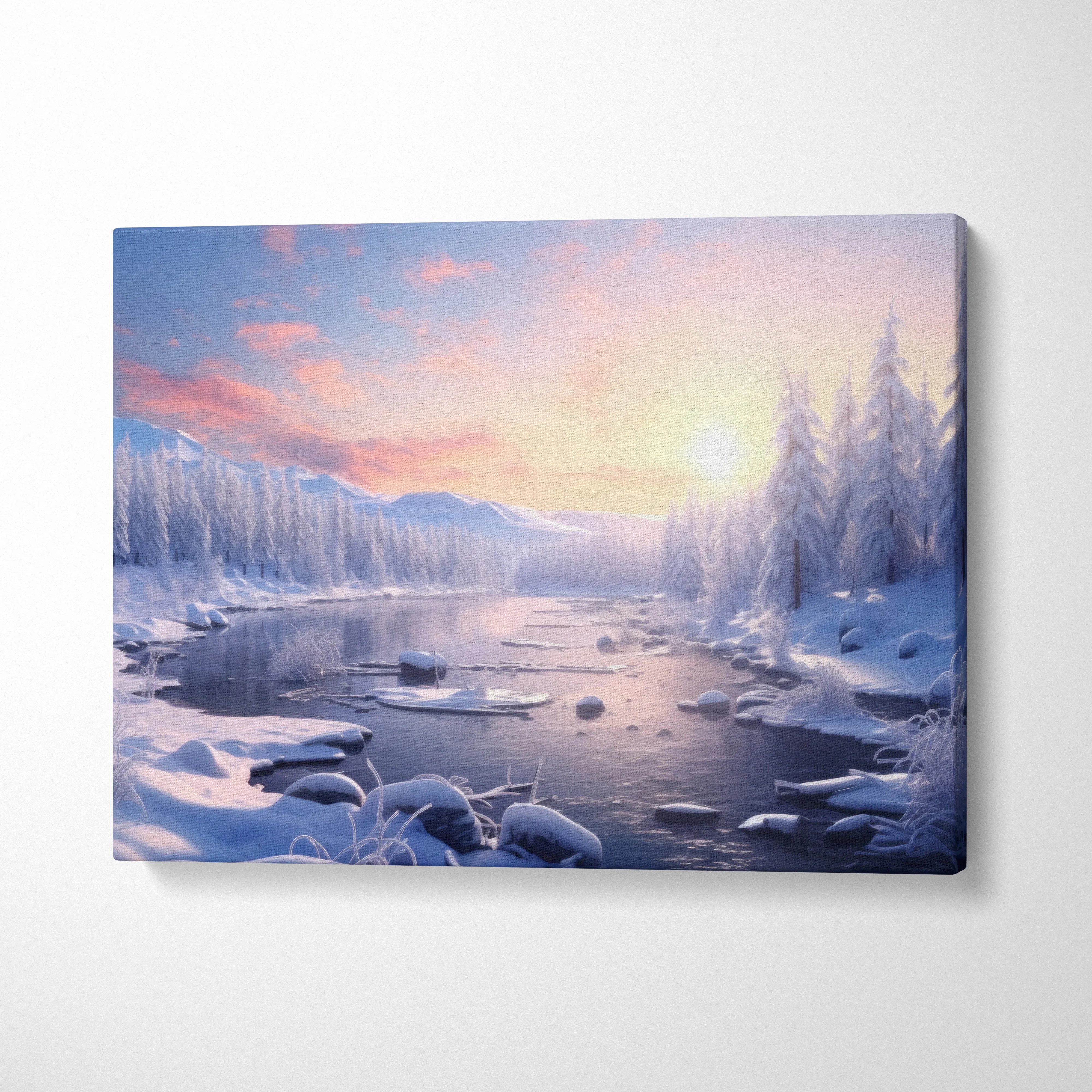 Canvas wall art of a snowy winter landscape at sunset with icy river and frosted trees.