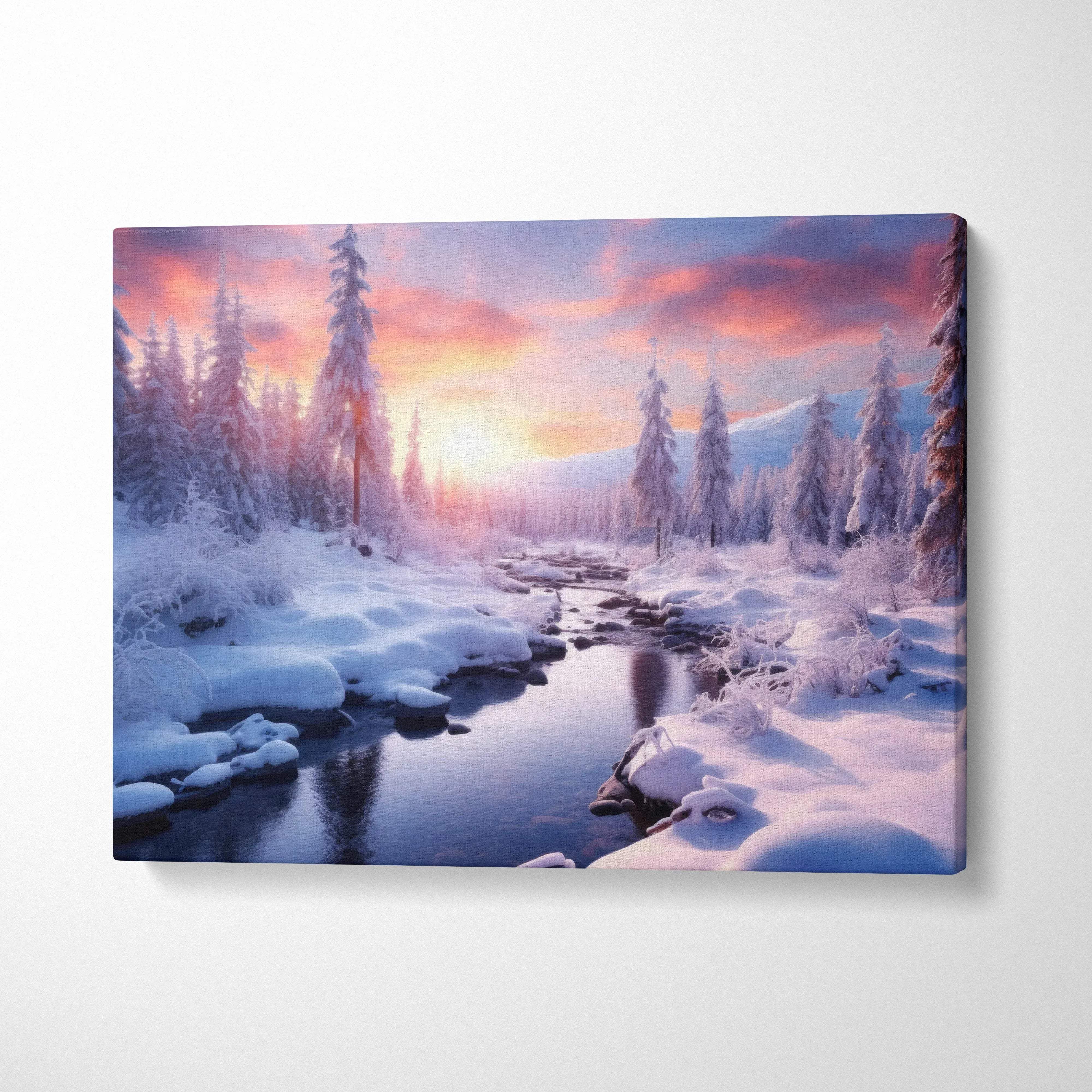 Canvas wall art of a snowy winter river scene at sunset with pink and purple sky decor.