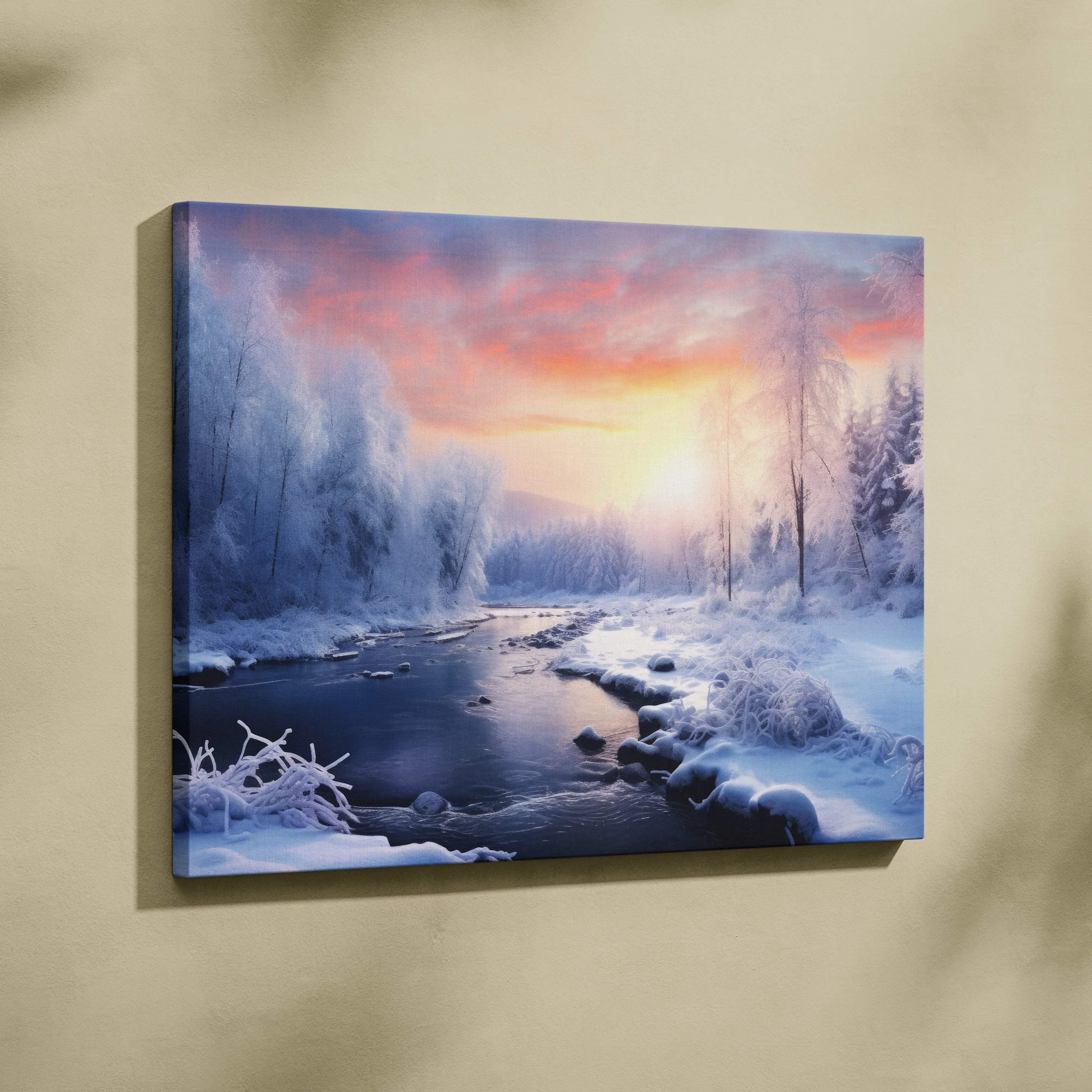 A framed canvas print of a dreamy winter landscape with snowy riverbank and vibrant pink orange sunset sky wall art