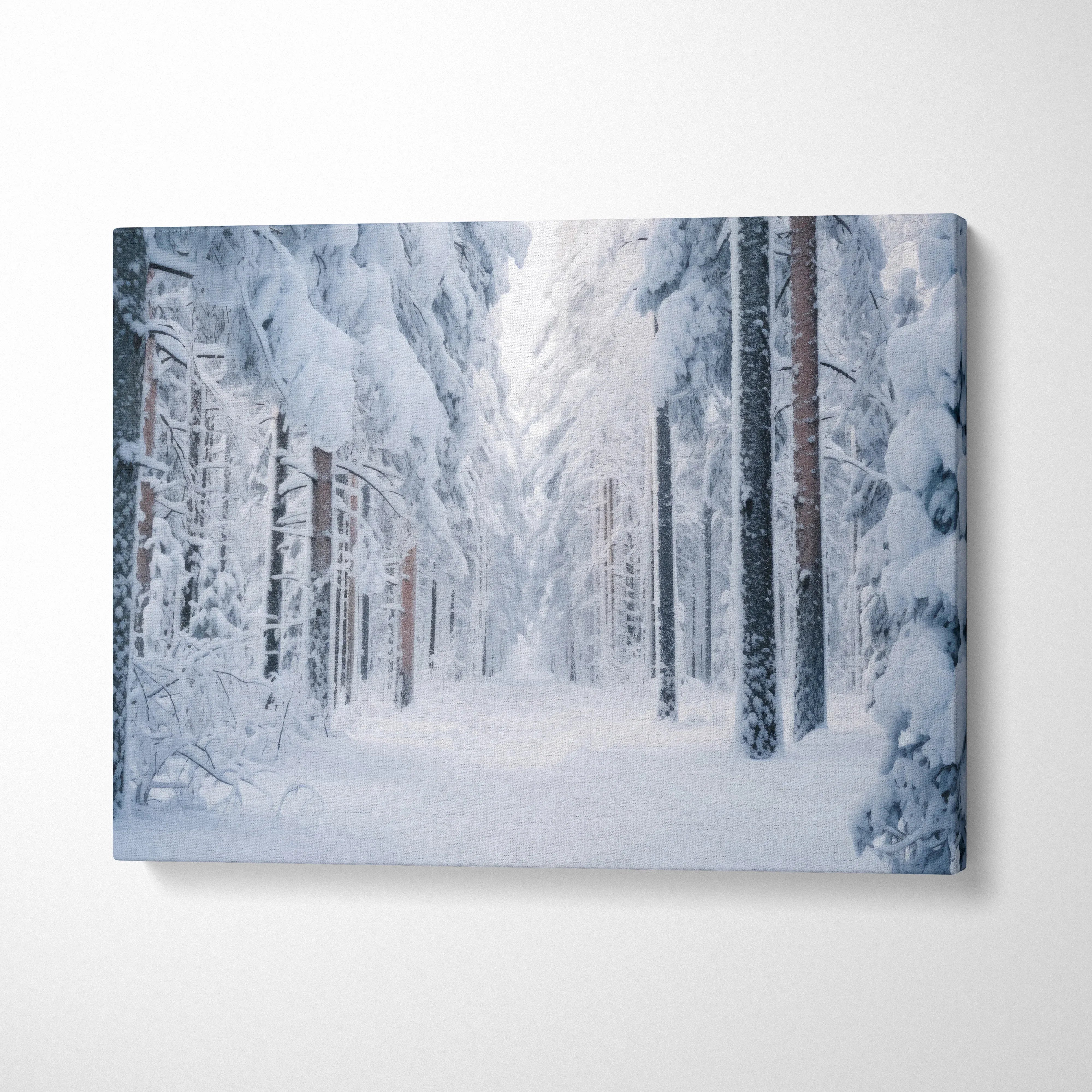 Winter snowy forest landscape canvas wall art with tall trees covered in fresh snow, serene and dreamy decor.