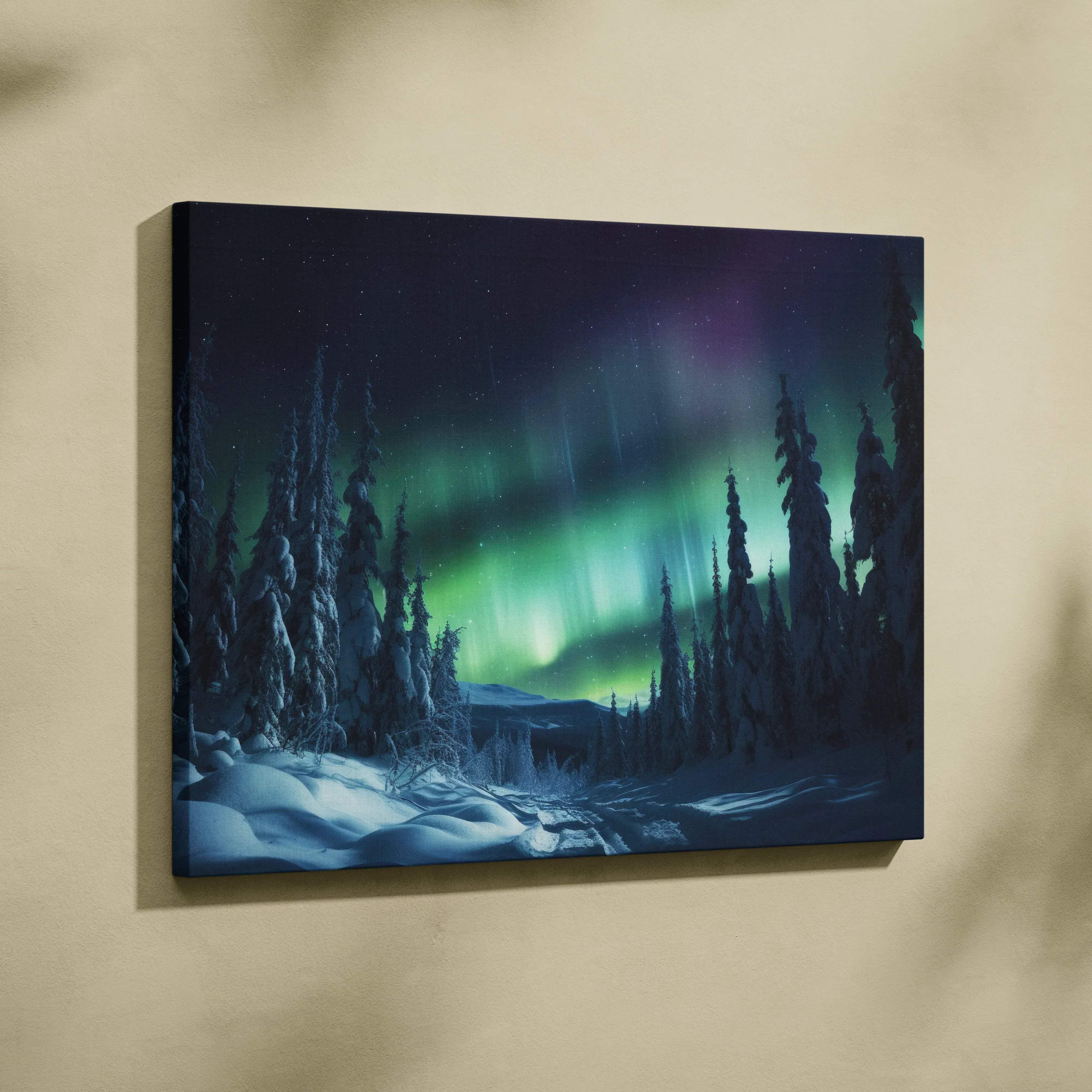 Aurora borealis landscape rectangular canvas print of snowy forest under vibrant green and purple northern lights sky