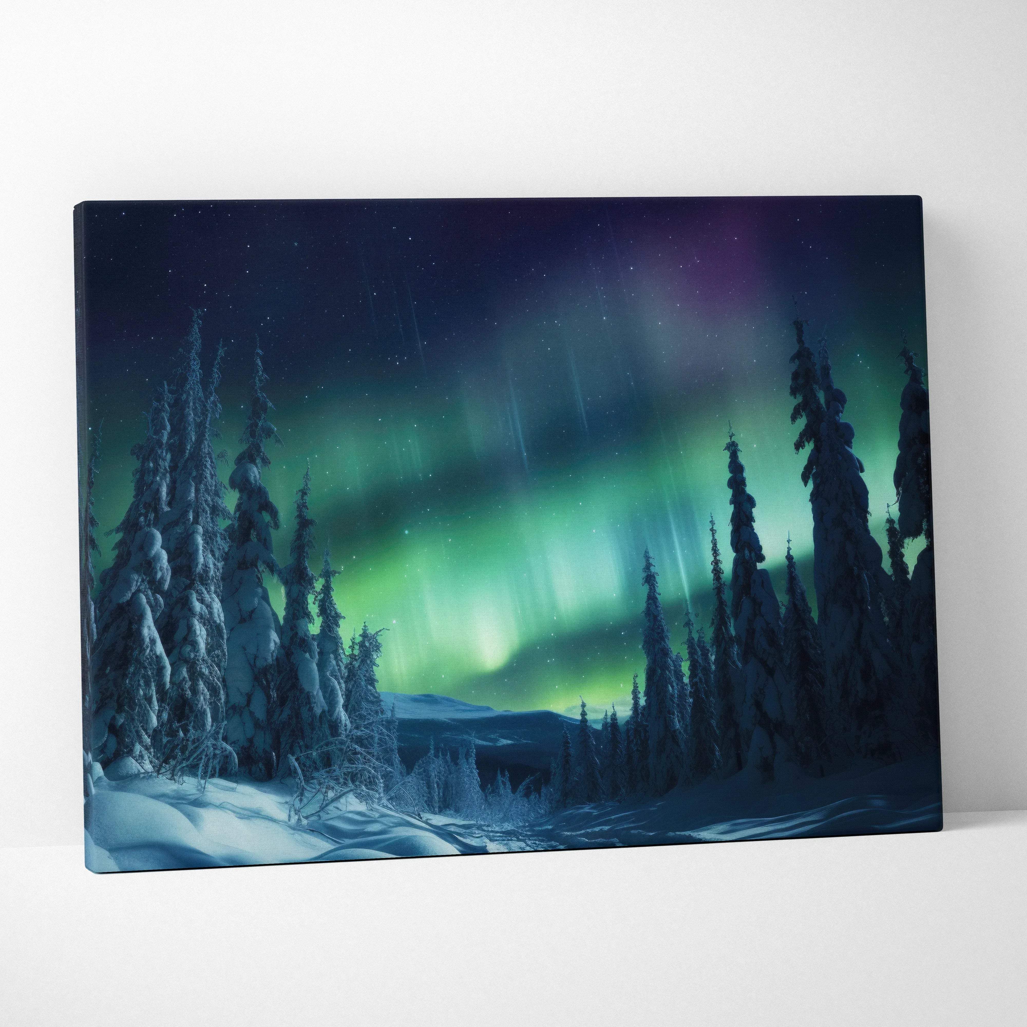 A canvas print featuring a snowy forest under a vibrant green and purple aurora borealis night sky