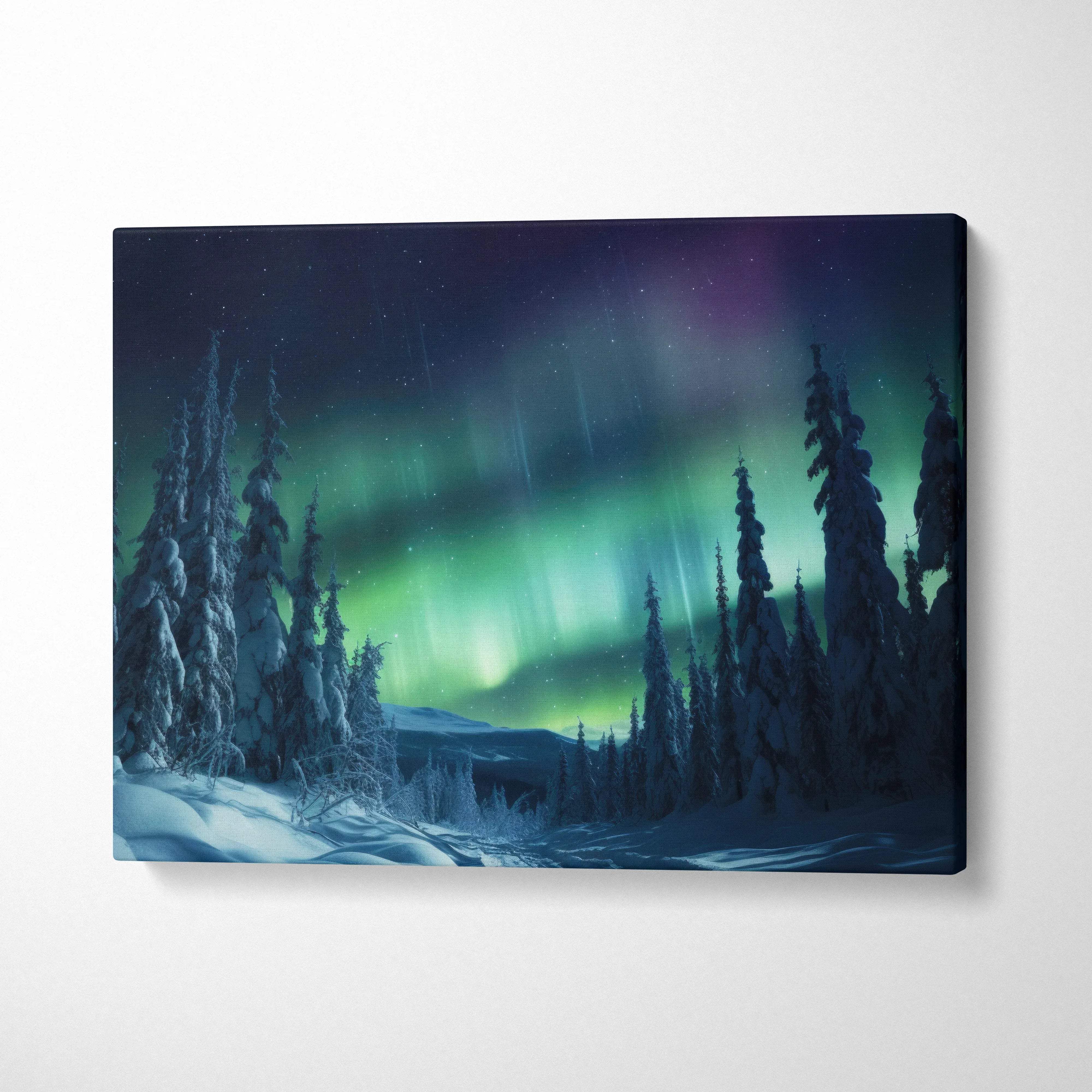 Canvas wall art featuring a dreamy snowy forest under vibrant green and purple northern lights decor.