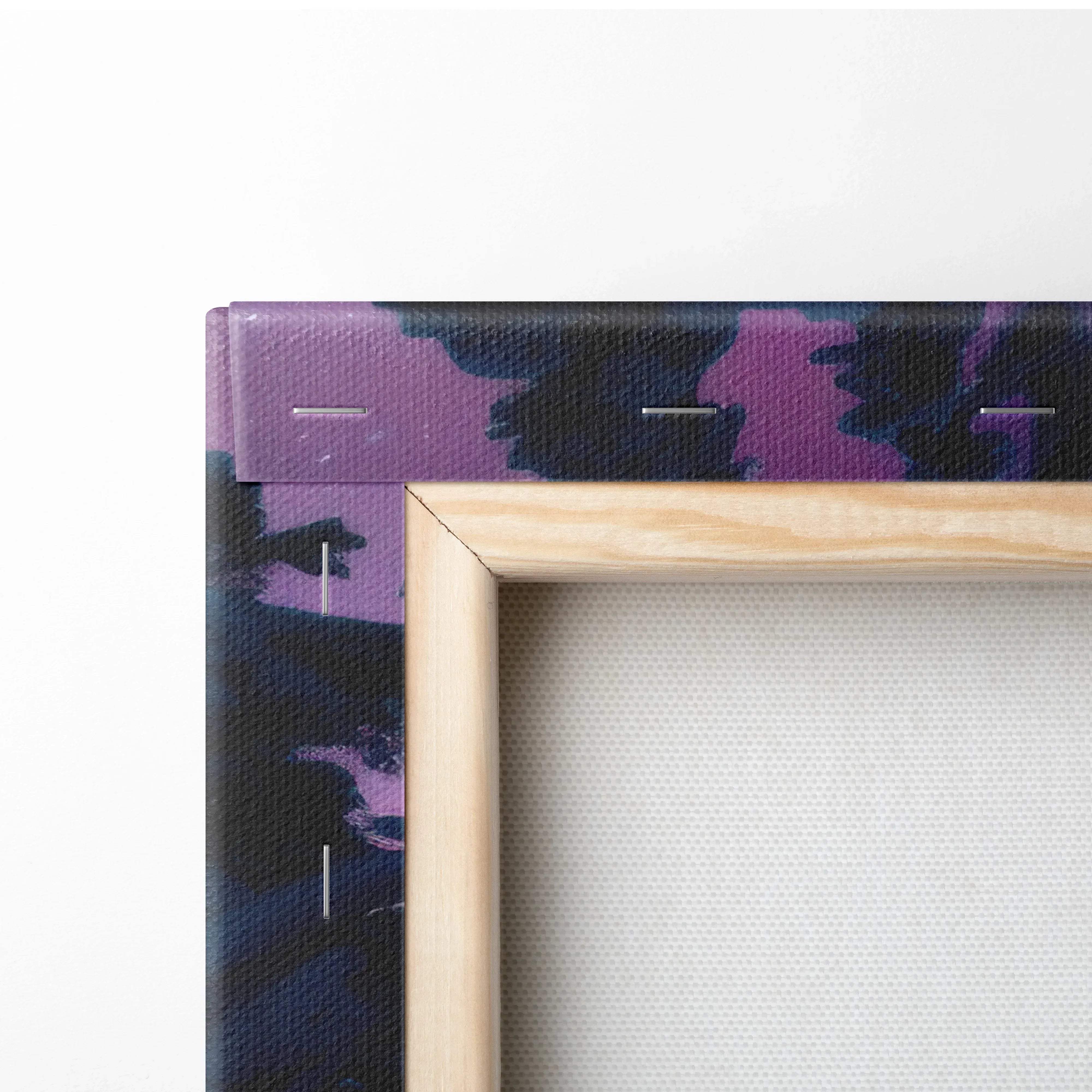 A wooden frame with purple and black camouflage canvas for dreamy winter forest under northern lights wall art