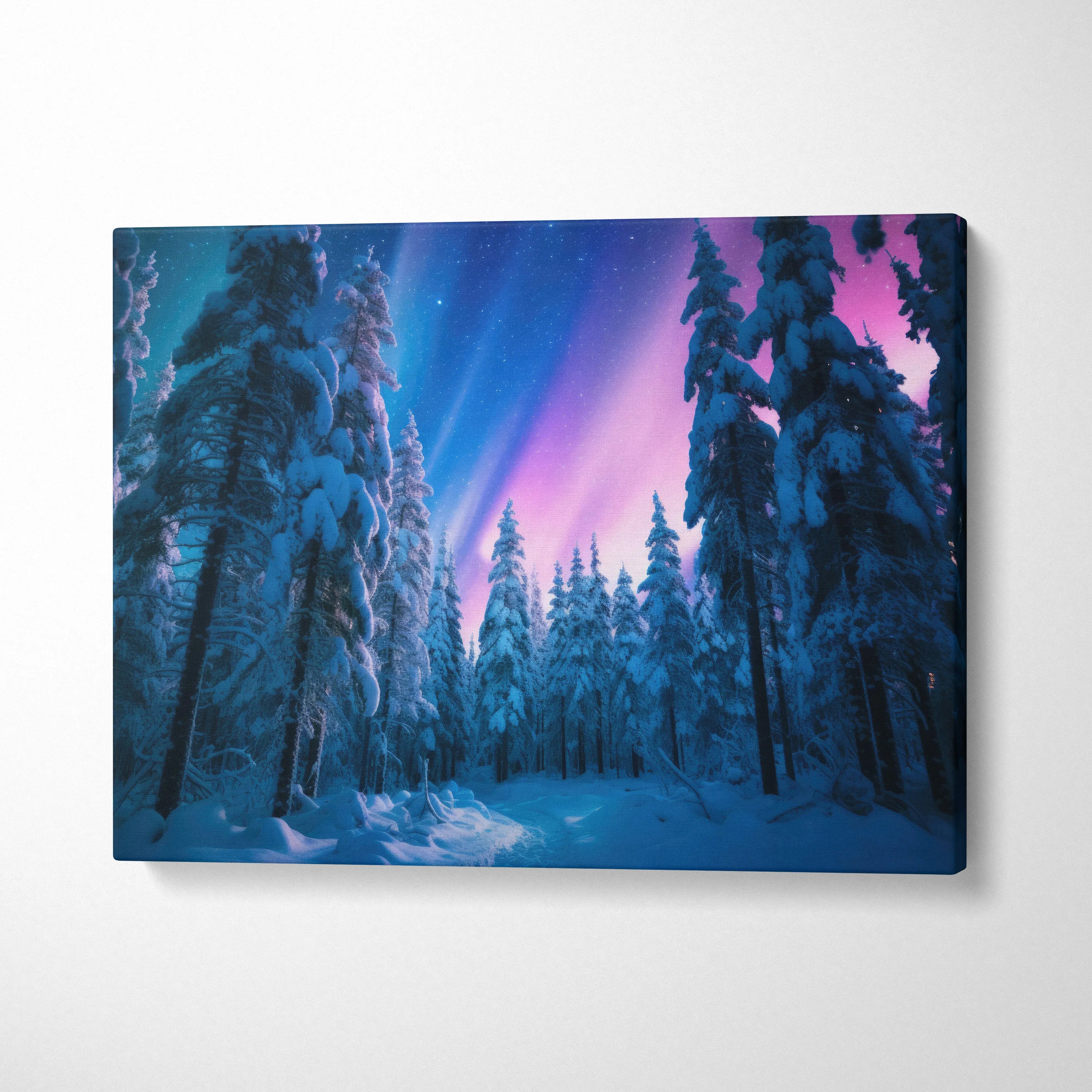 Winter forest canvas wall art with snowy trees and vibrant northern lights decor.