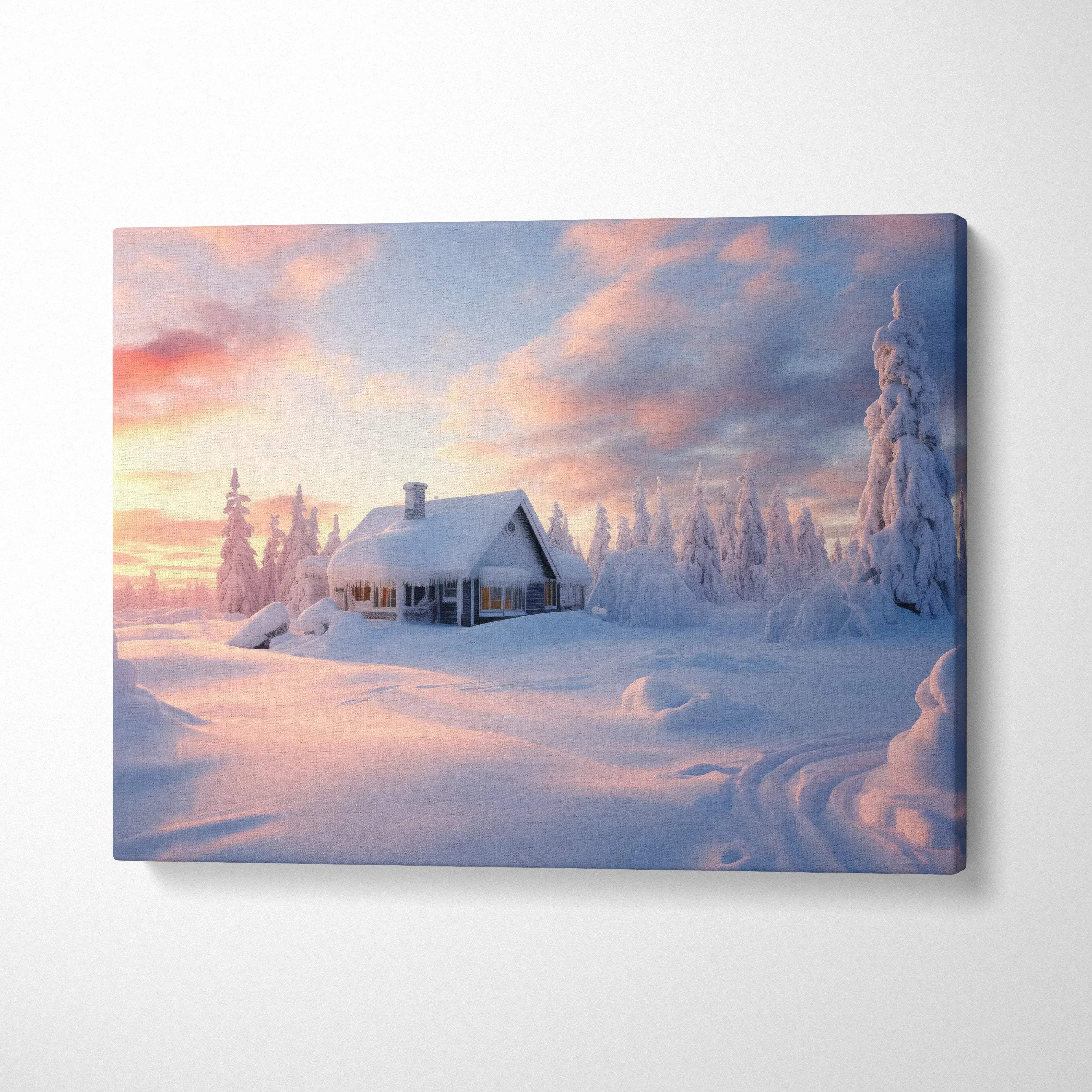 Canvas wall art featuring a snowy cabin landscape at sunset with soft pink and blue skies decor.