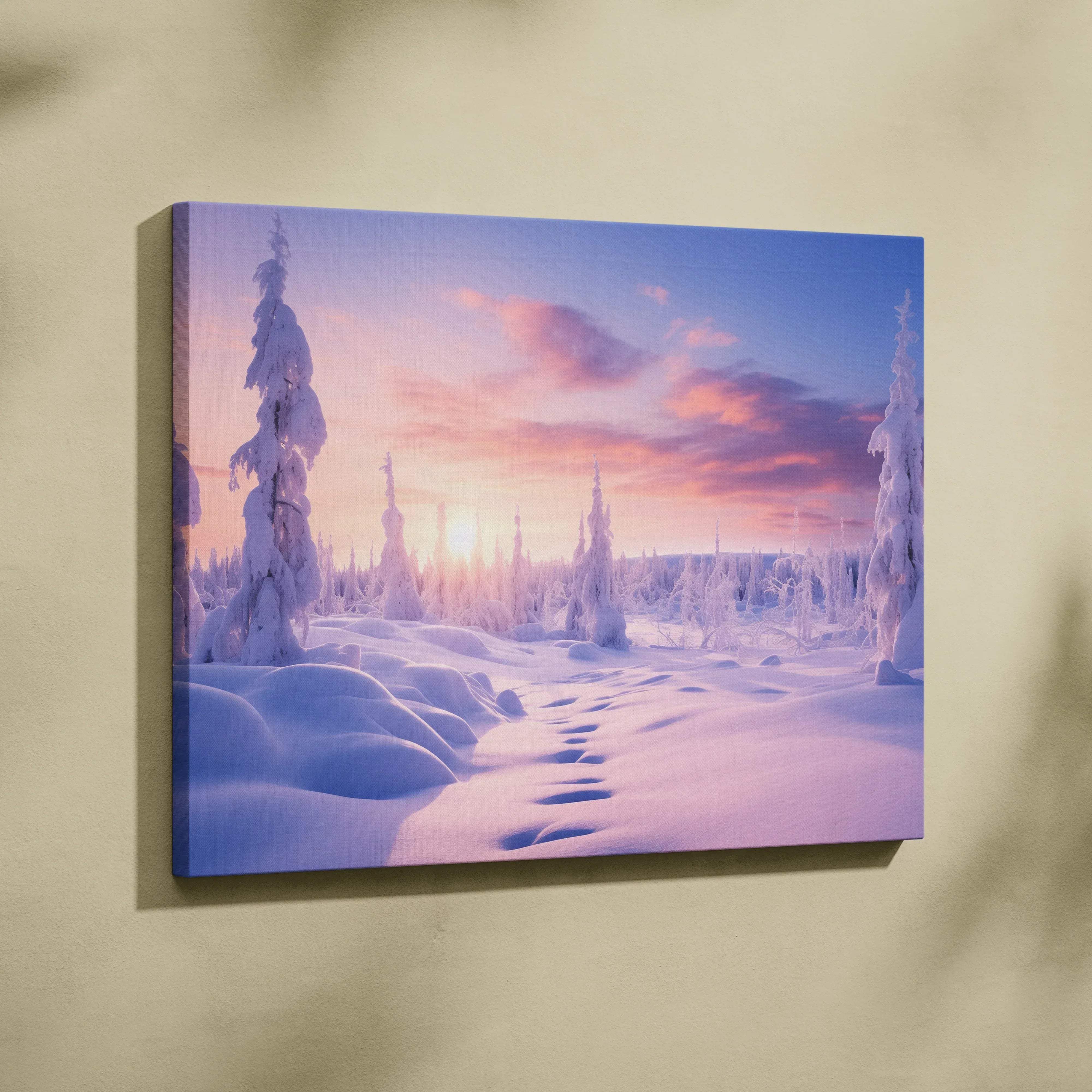 Rectangular canvas wall art of a dreamy winter snowy sunset landscape with snow-covered trees and soft pink and blue glow